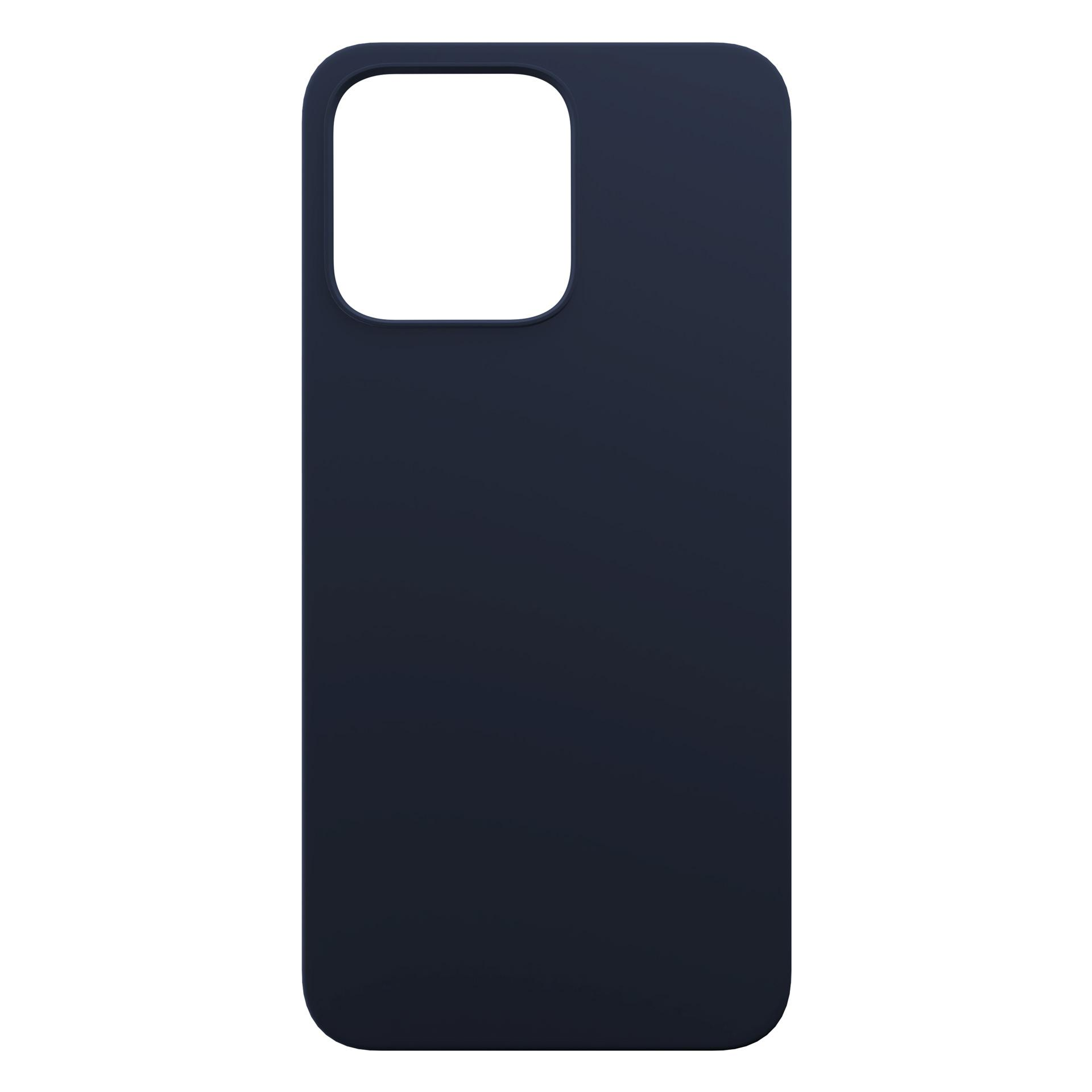 Una custodia per telefono blu scuro su sfondo bianco. Ha un ritaglio per la fotocamera e bordi arrotondati.