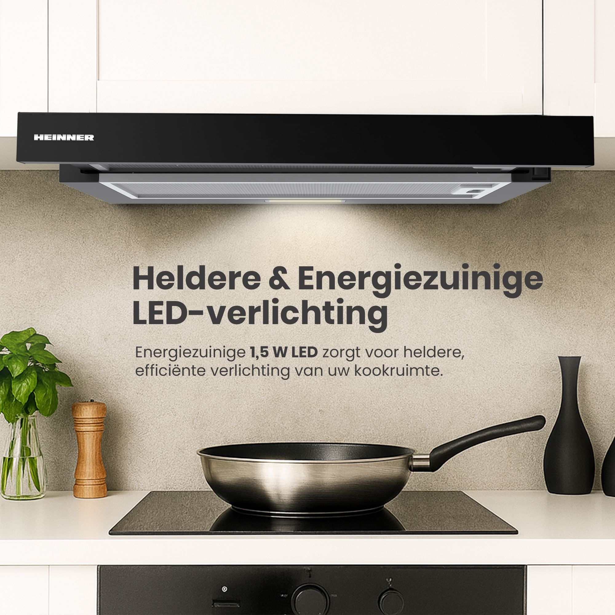 Kitchen scene with a black range hood, pan, and text about LED lighting.