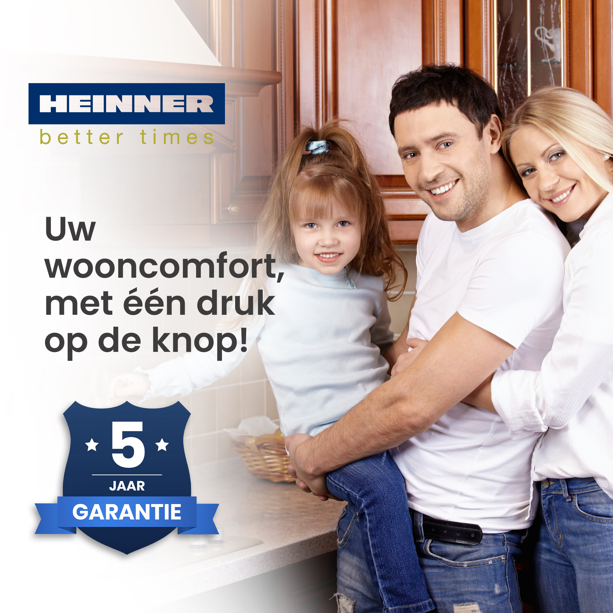 A family of three smiles in a kitchen. A logo and text are displayed, also a guarantee badge.