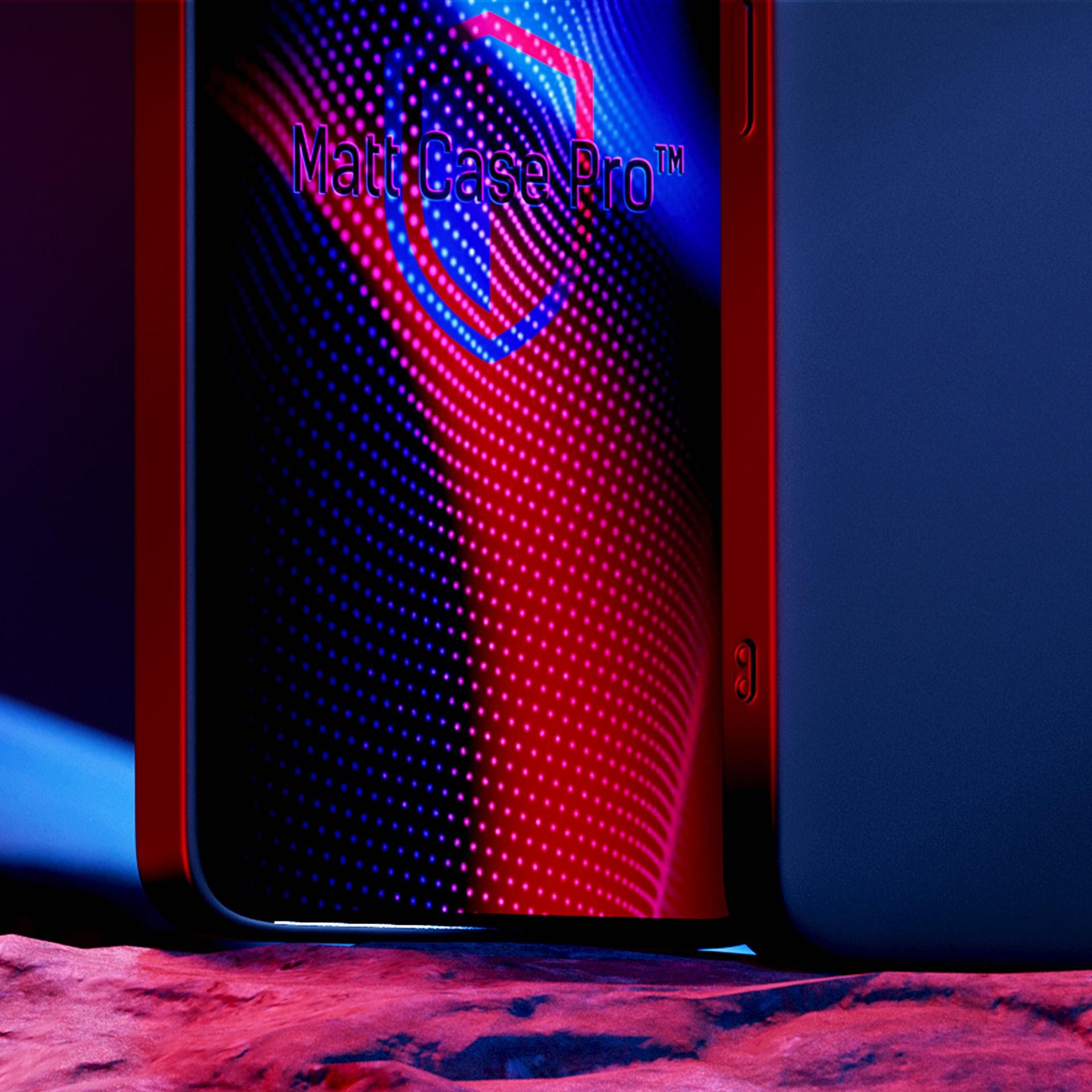 Etui na telefon z ekranem wyświetlającym Matt Case Pro. Czerwone, niebieskie i różowe tło gradientowe.