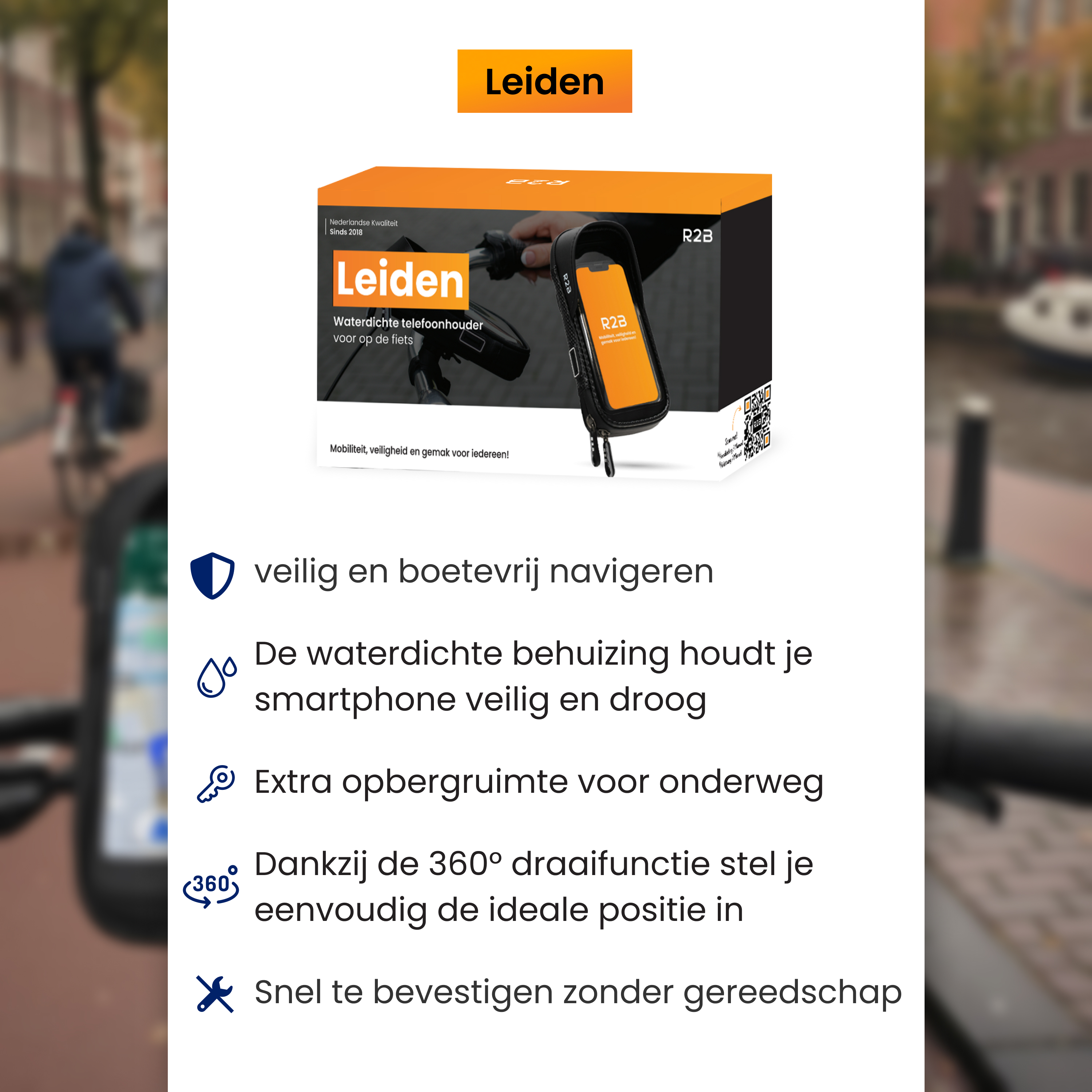 Een advertentie voor een telefoonhouder voor fietsen, met een stadsstraat als achtergrond.