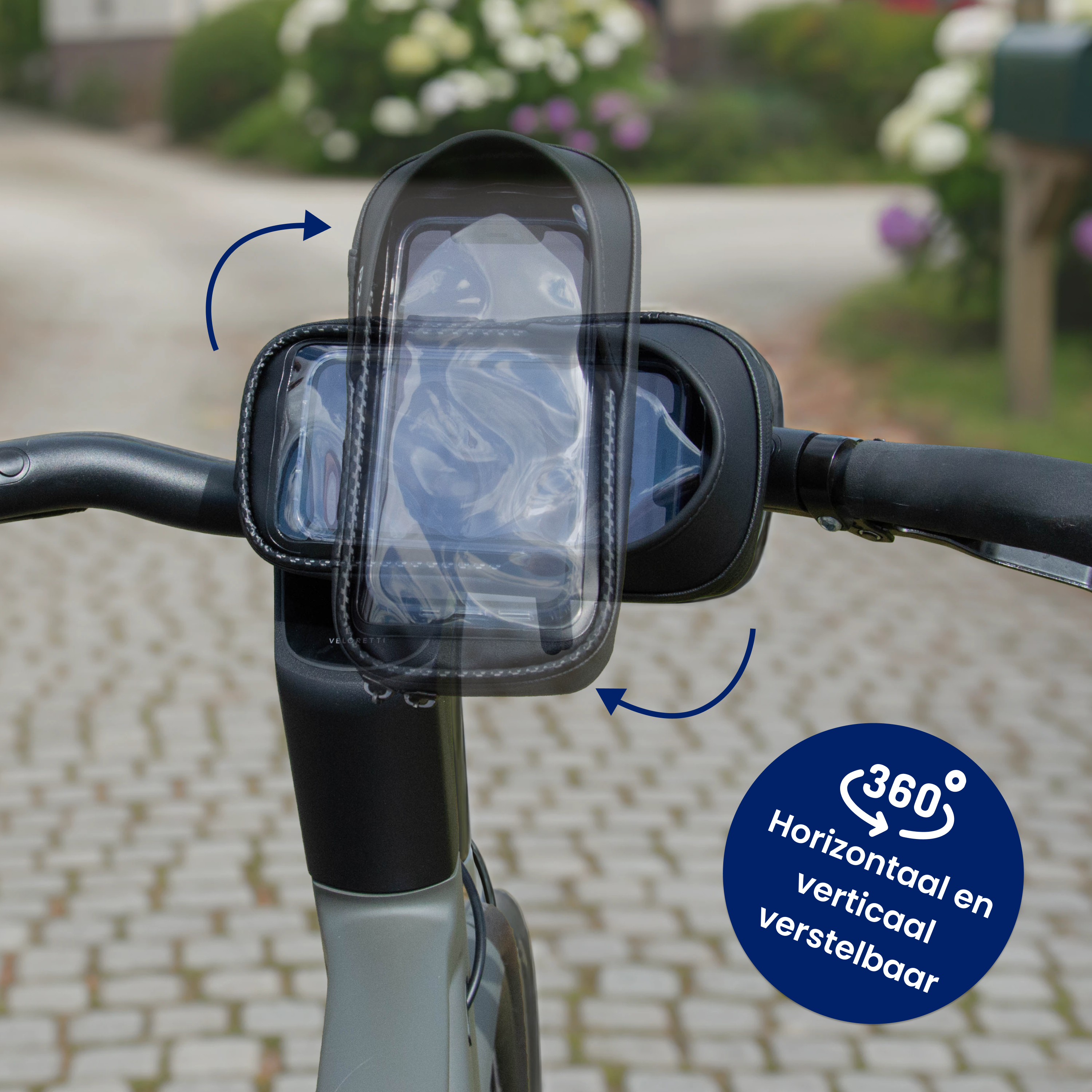 Een telefoonhouder op een fietsstuur. Het is verstelbaar. Een blauwe cirkel vermeldt 360 graden rotatie.