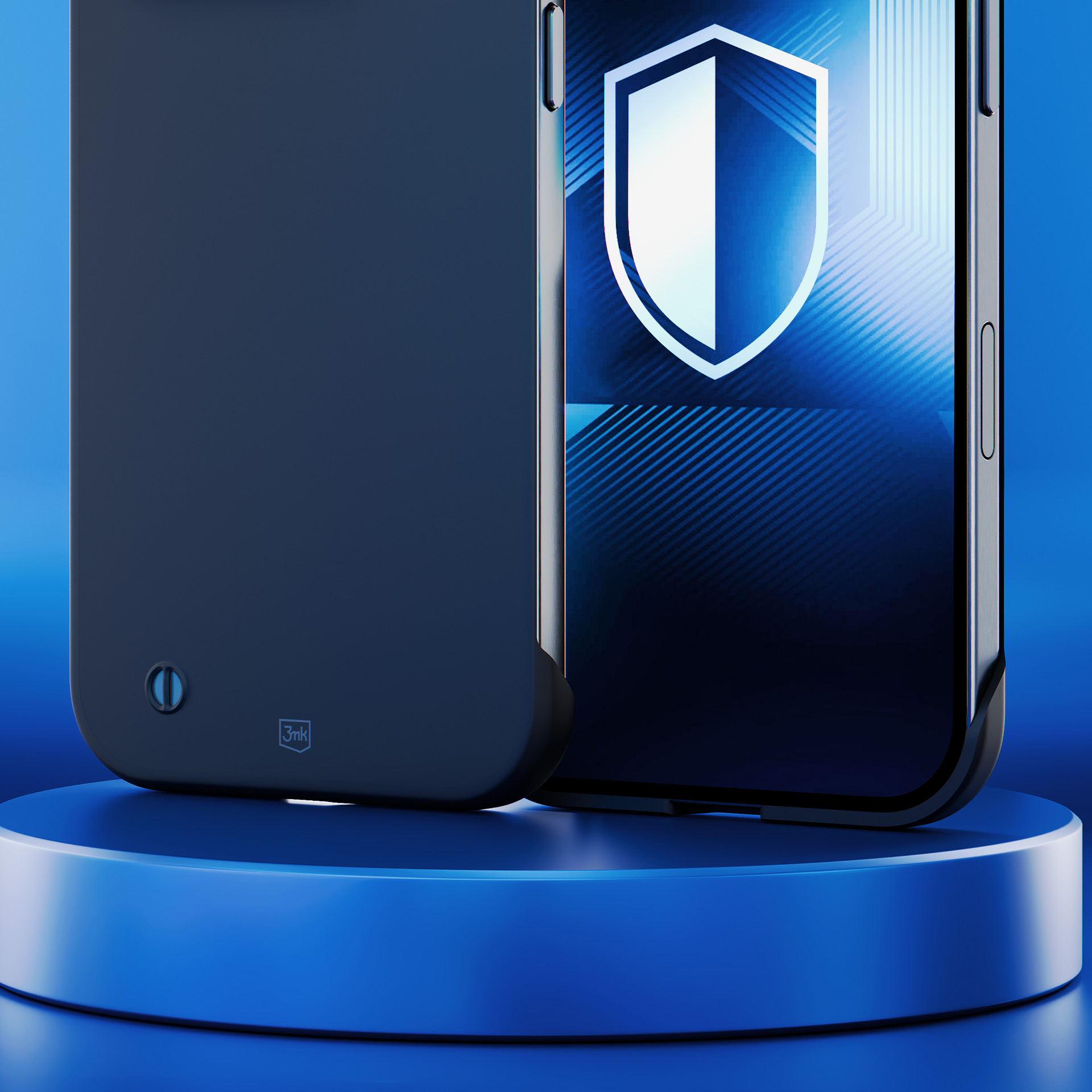 Etui na telefon z ikoną tarczy na niebieskim tle gradientowym, na niebieskim cokole.