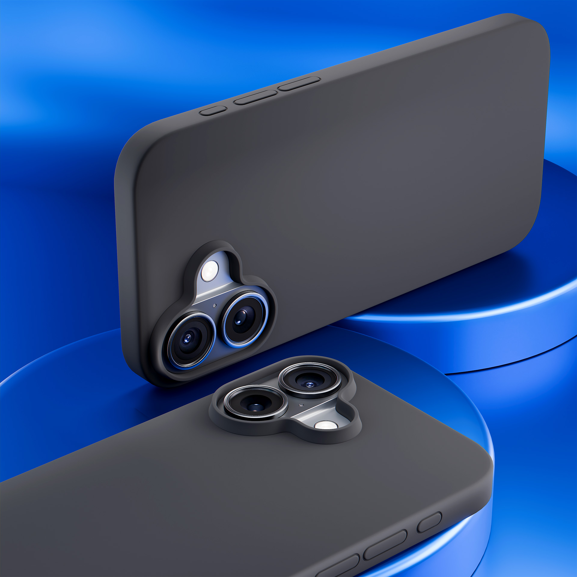 Due custodie grigie per telefono con fori per la fotocamera sono su piattaforme blu. Le custodie hanno pulsanti e sono angolate verso lo spettatore.