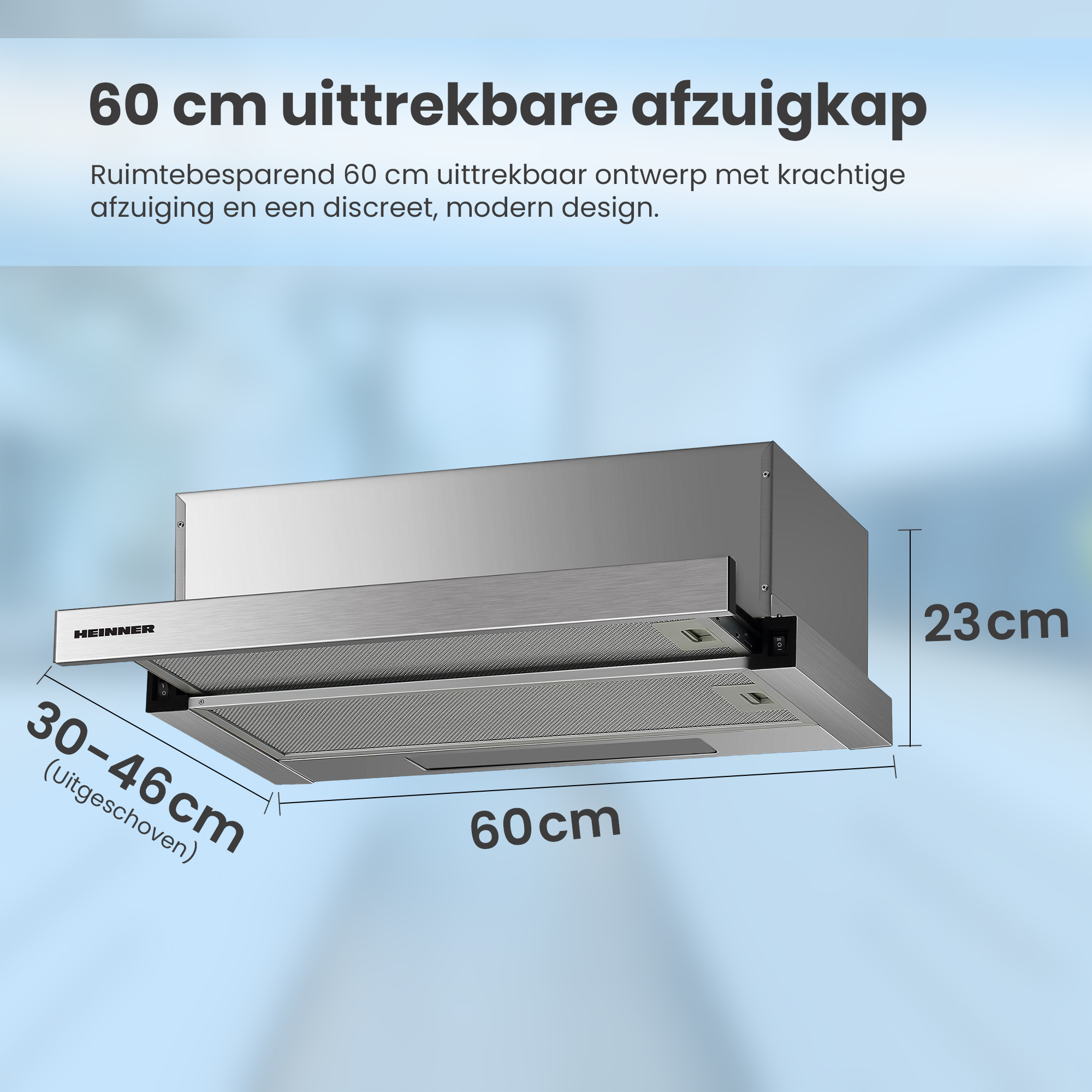 Een roestvrijstalen afzuigkap met afmetingen, waaronder 60 cm breedte en 23 cm hoogte, en een uitschuifbaar ontwerp.