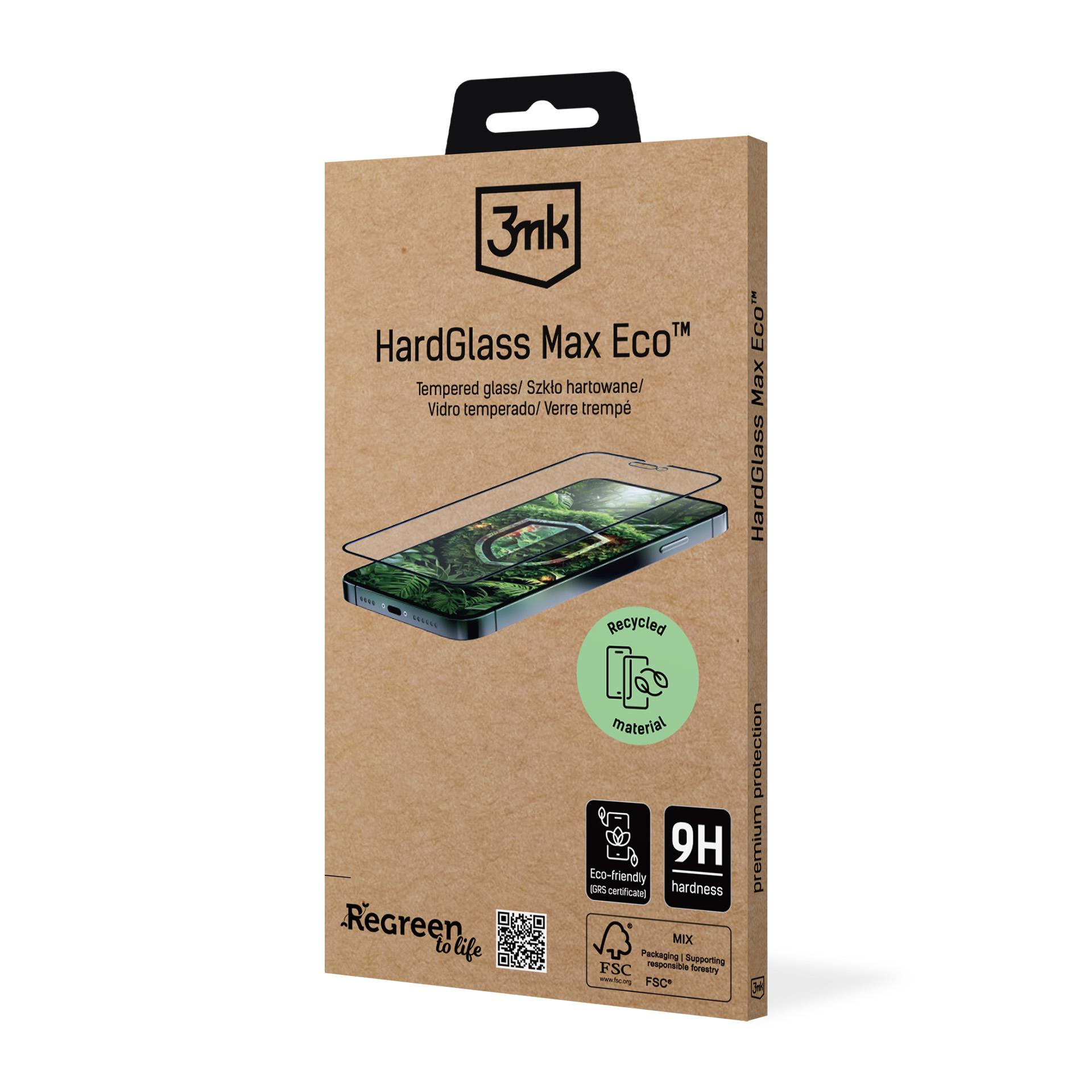 Una scatola per la protezione dello schermo del telefono. Dice 'HardGlass Max Eco' e mostra un telefono con fogliame verde.