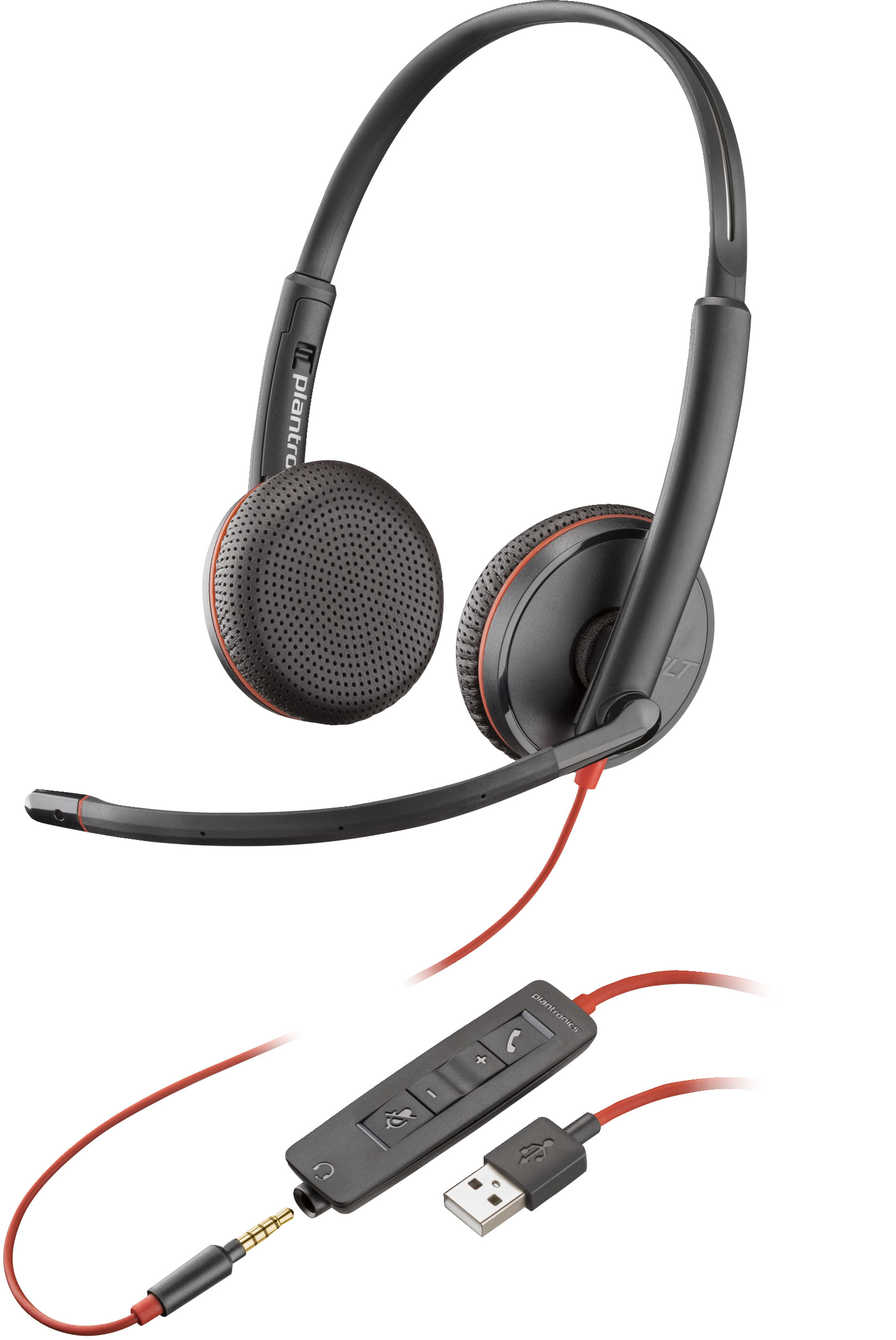 Cuffie nere con dettagli rossi, microfono e controlli in linea. Connettori USB e jack audio visibili.