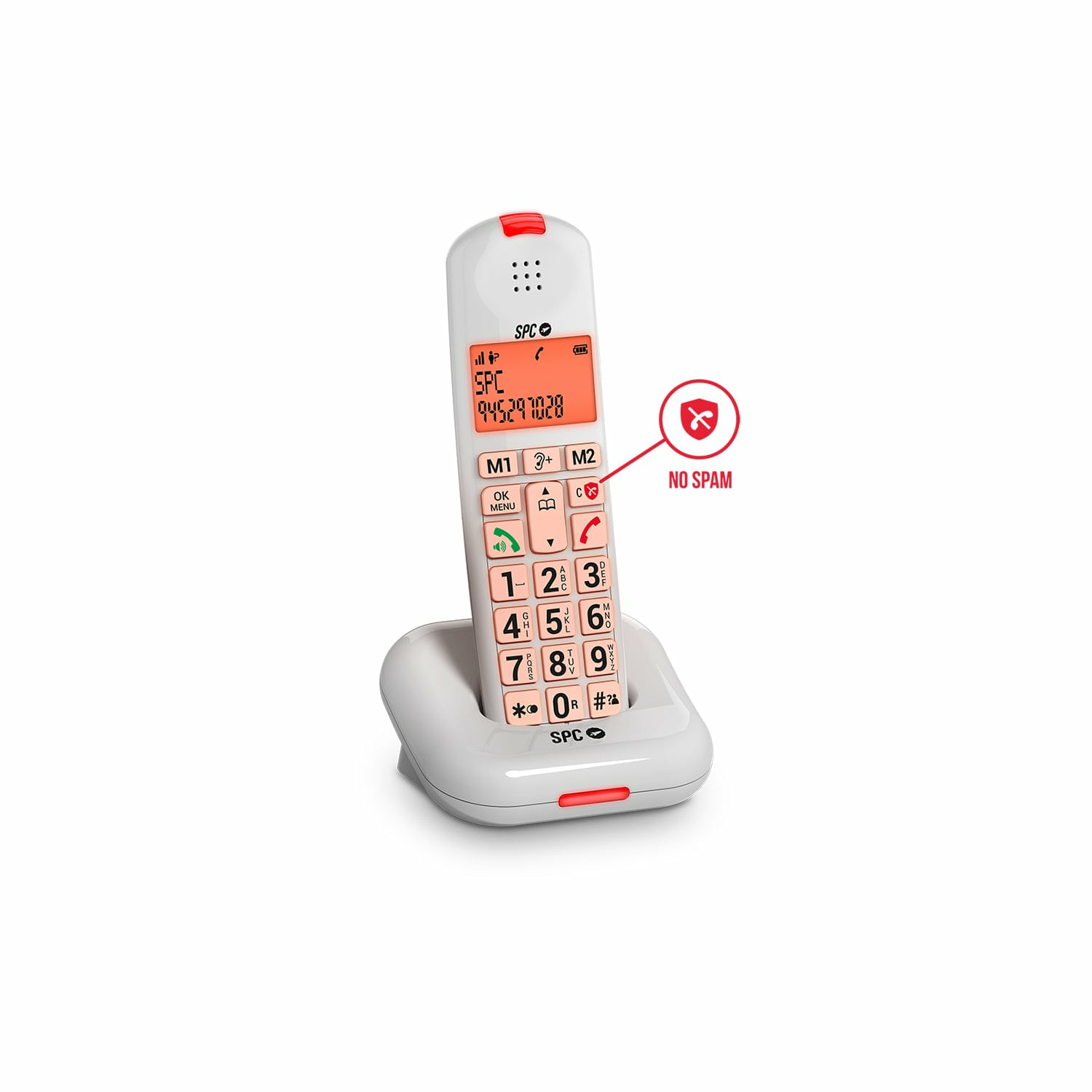 Un telefono cordless bianco con pulsanti grandi, un display che mostra un numero di telefono. È presente un'icona 'No spam'.
