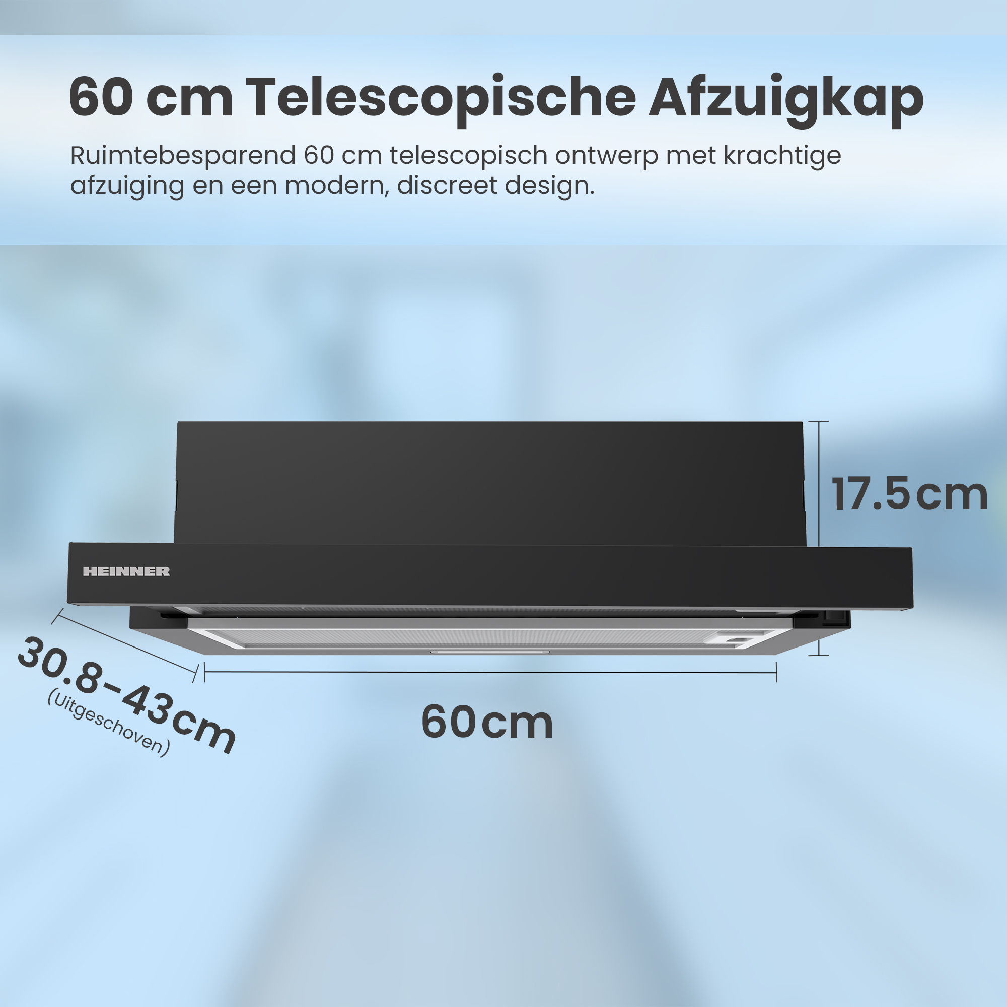 Zwarte afzuigkap met afmetingen, tekst en het merk Heinner op een blauwe gradiënt achtergrond.