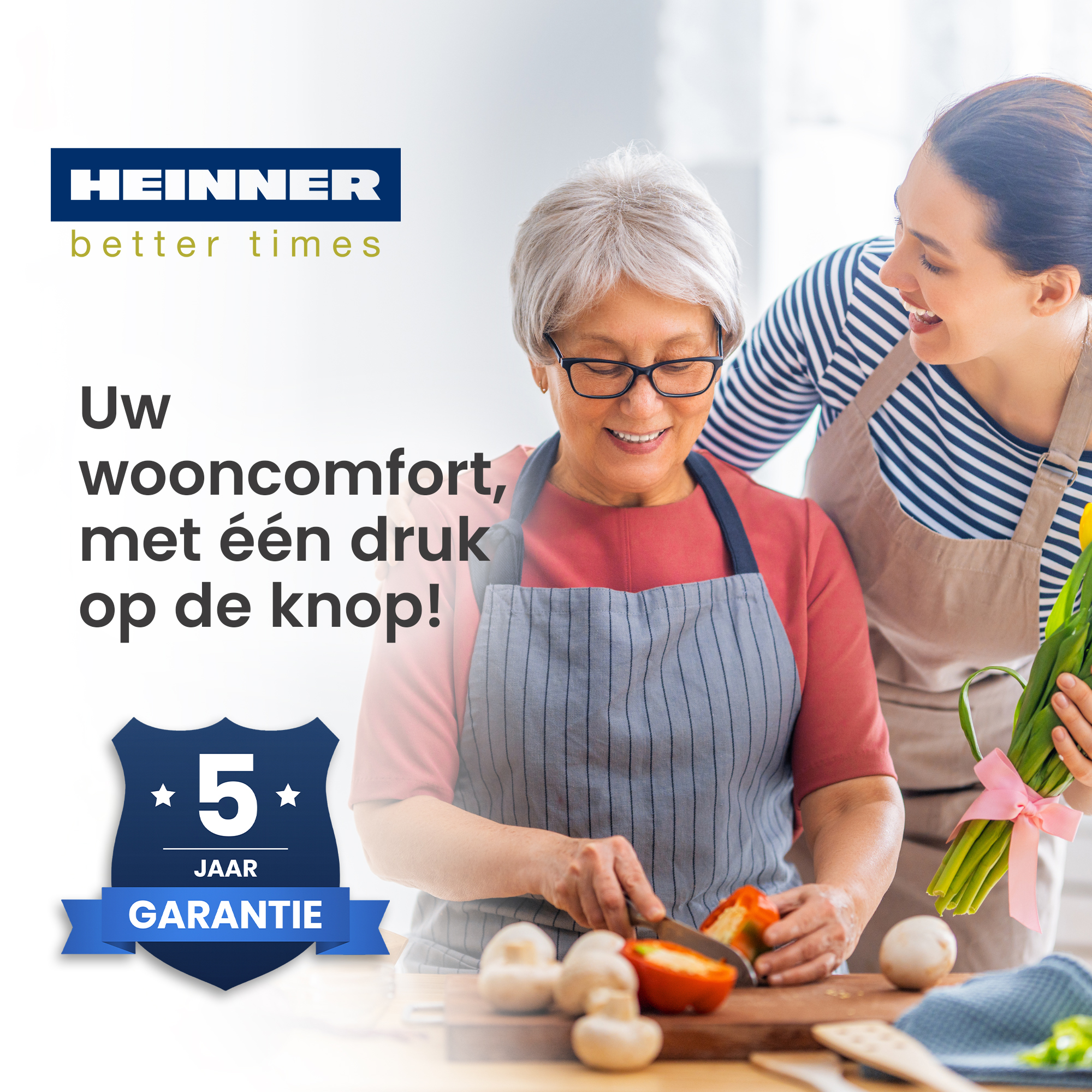 Twee vrouwen, een snijdt groenten, de ander houdt bloemen vast. Tekst en logo voor 'Heinner' zijn ook aanwezig.