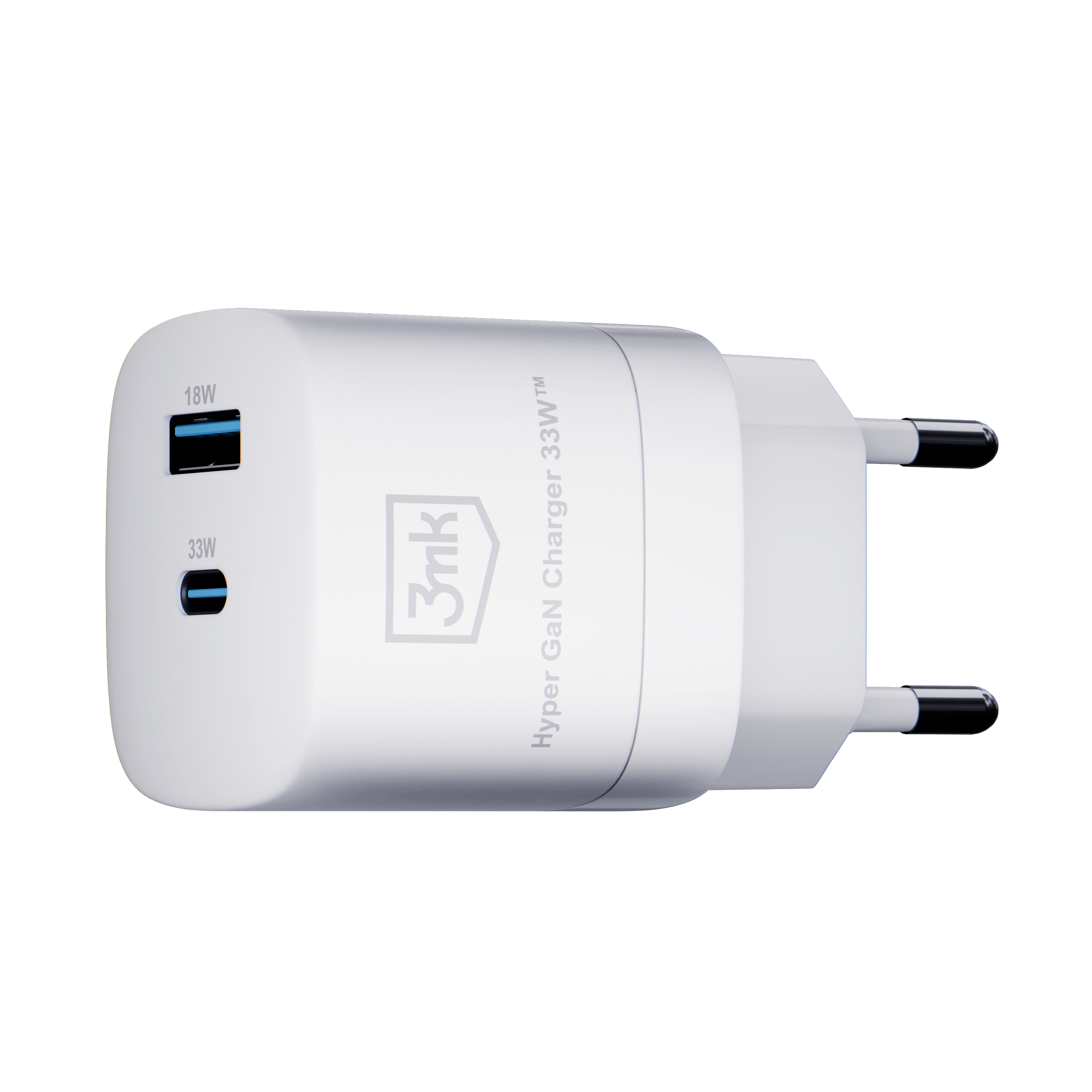 Biała ładowarka 3mk Hyper GaN, 33W, z portem USB i USB-C oraz wtyczką.