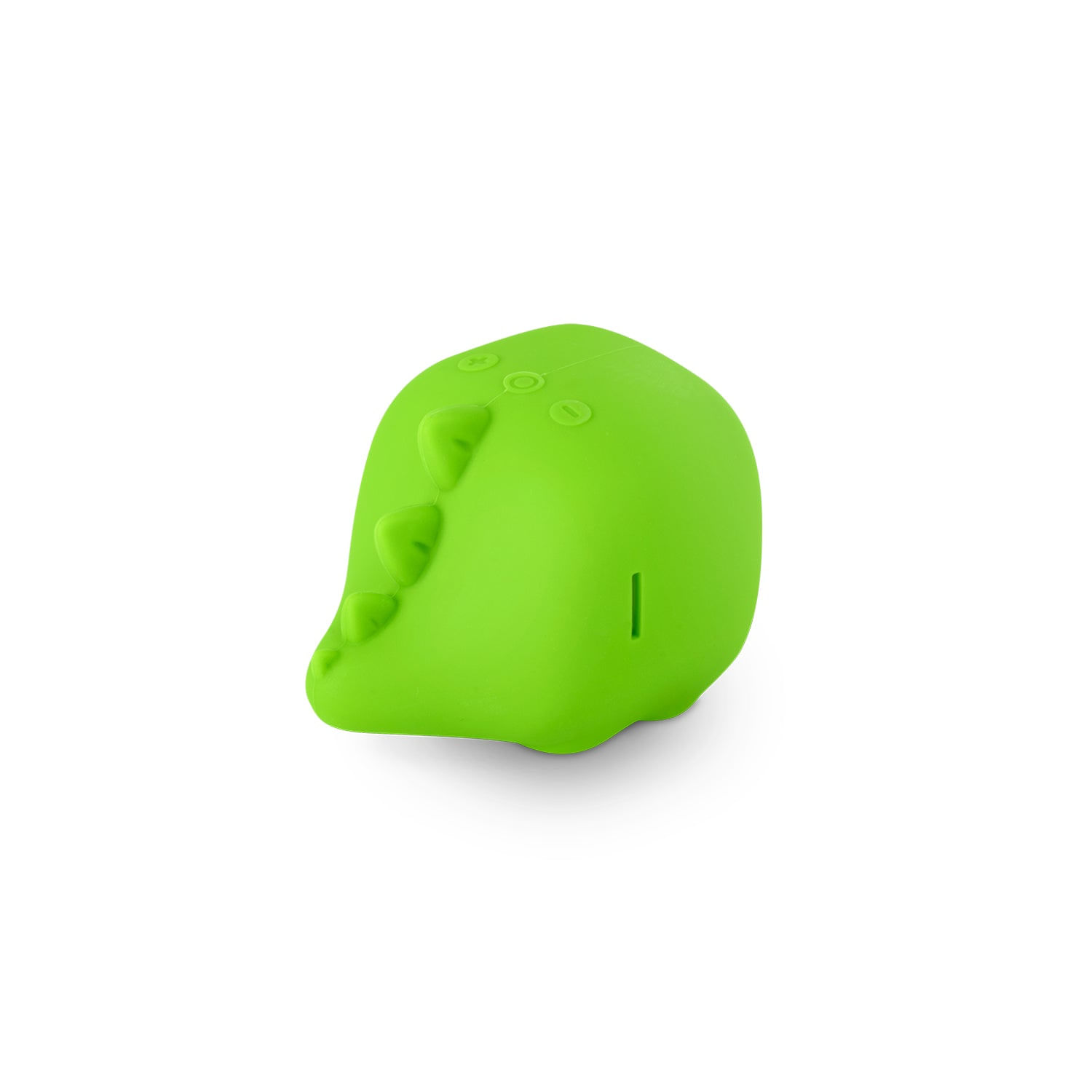 Un juguete verde con forma de dinosaurio descansa sobre un fondo blanco. Tiene pequeñas púas y detalles circulares en la cabeza, y una línea vertical.