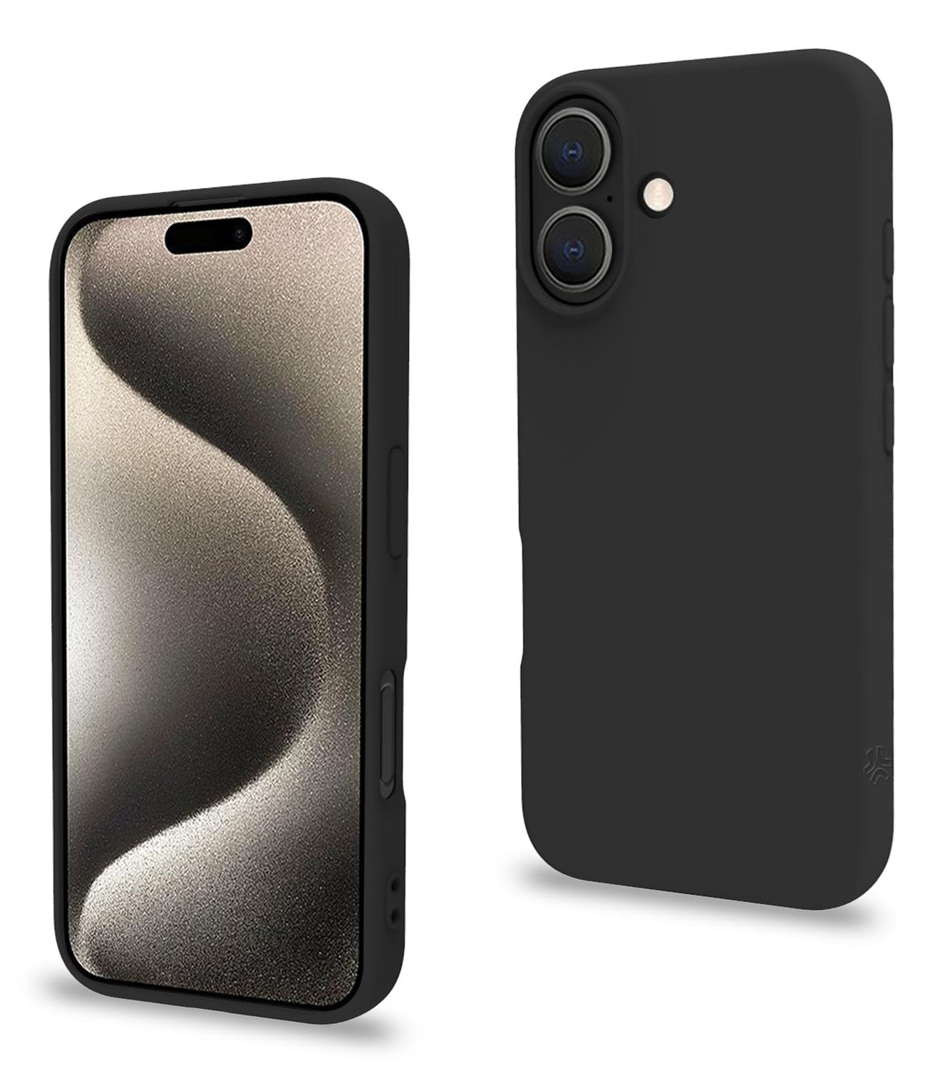 Due custodie nere per telefono. Una con un telefono che mostra un'immagine sfocata, l'altra con le lenti della fotocamera. Entrambe su sfondo bianco.
