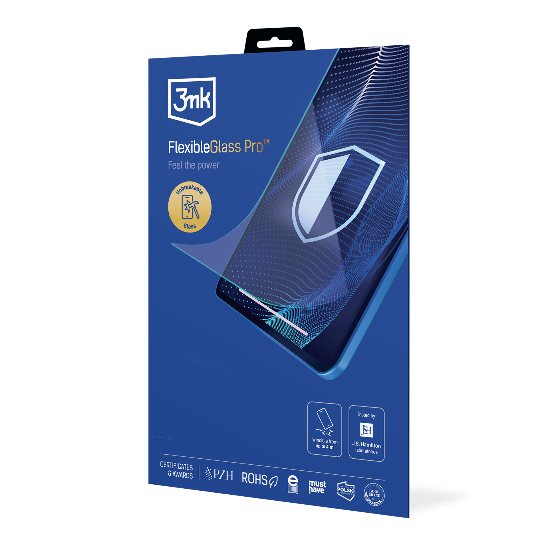 Niebieskie pudełko FlexibleGlass Pro. Ma obraz telefonu i tekst o niezniszczalności.