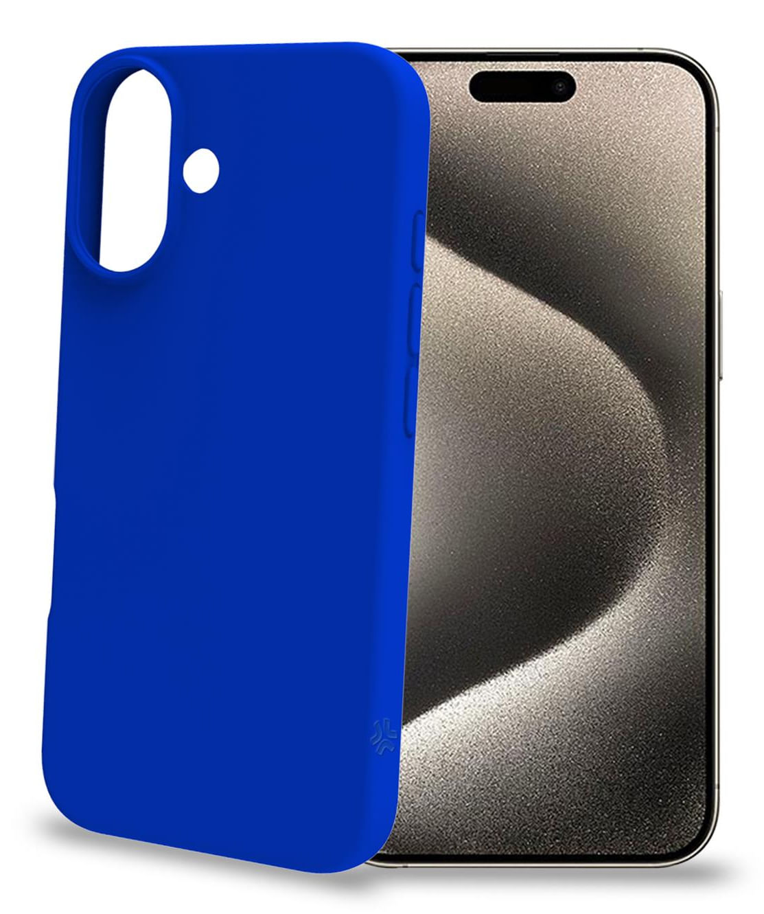 Una custodia blu per telefono è accanto a un telefono. La custodia ha un foro per la fotocamera e copre il lato del telefono.