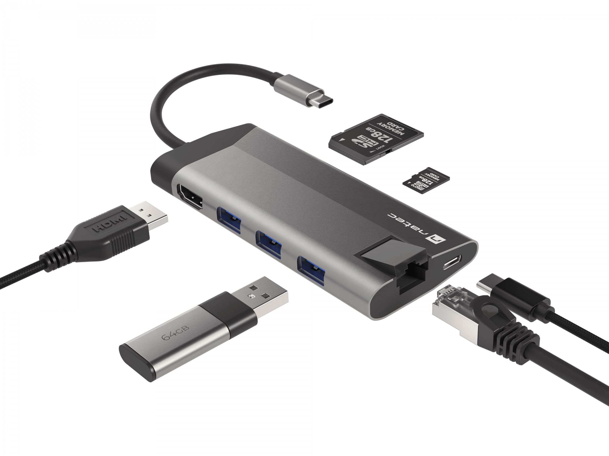 Un concentrador USB gris con varios puertos, cables y tarjetas de memoria, incluyendo HDMI, USB y Ethernet.