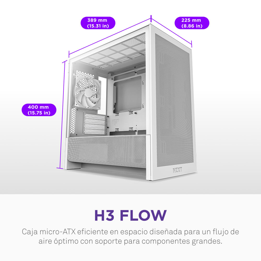 Boîtier d'ordinateur blanc avec dimensions. Un ventilateur est visible à l'intérieur. Le texte indique 'H3 FLOW' et décrit micro-ATX.
