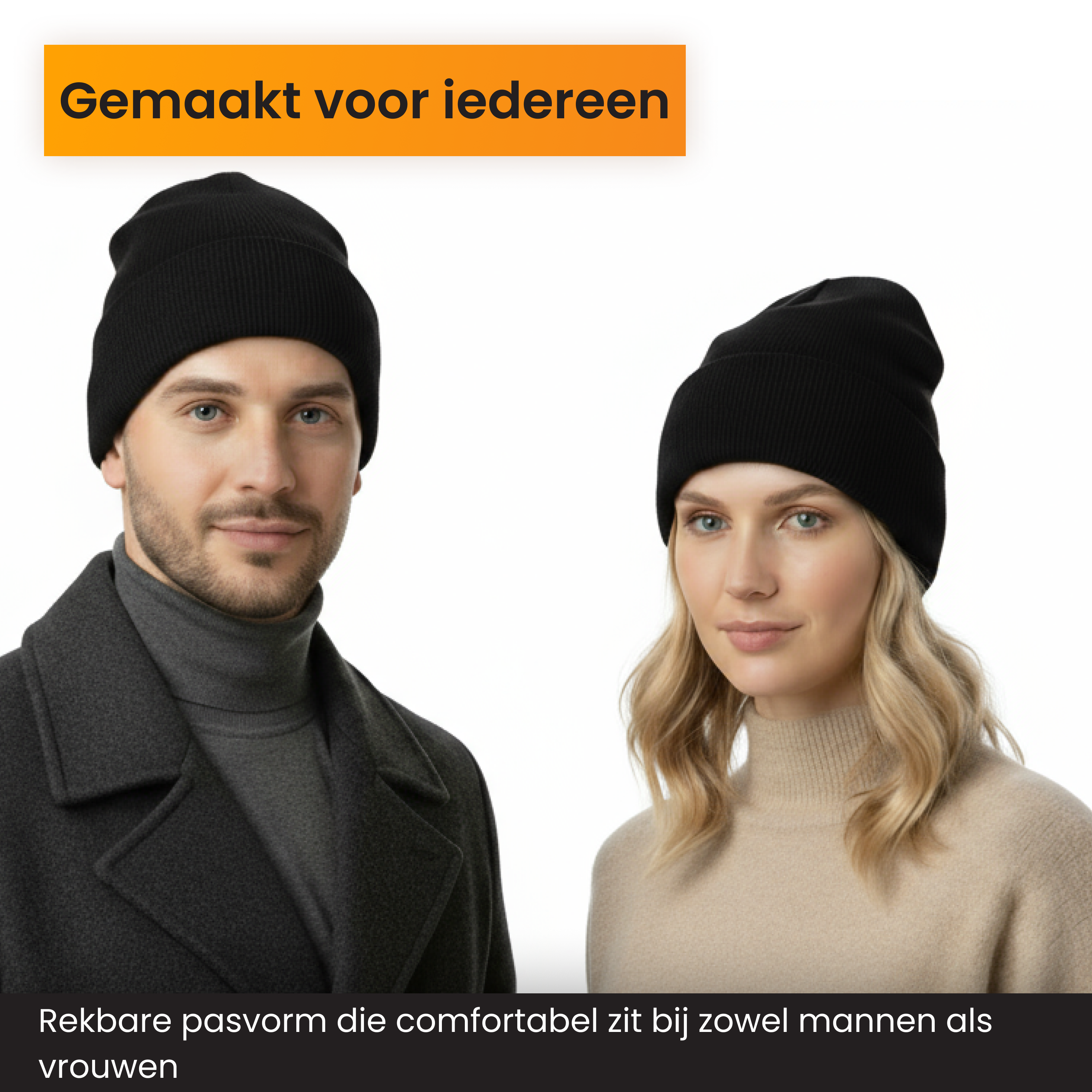 Ein Mann und eine Frau tragen schwarze Mützen. Der Mann trägt einen dunklen Mantel. Die Frau trägt einen beigen Pullover.