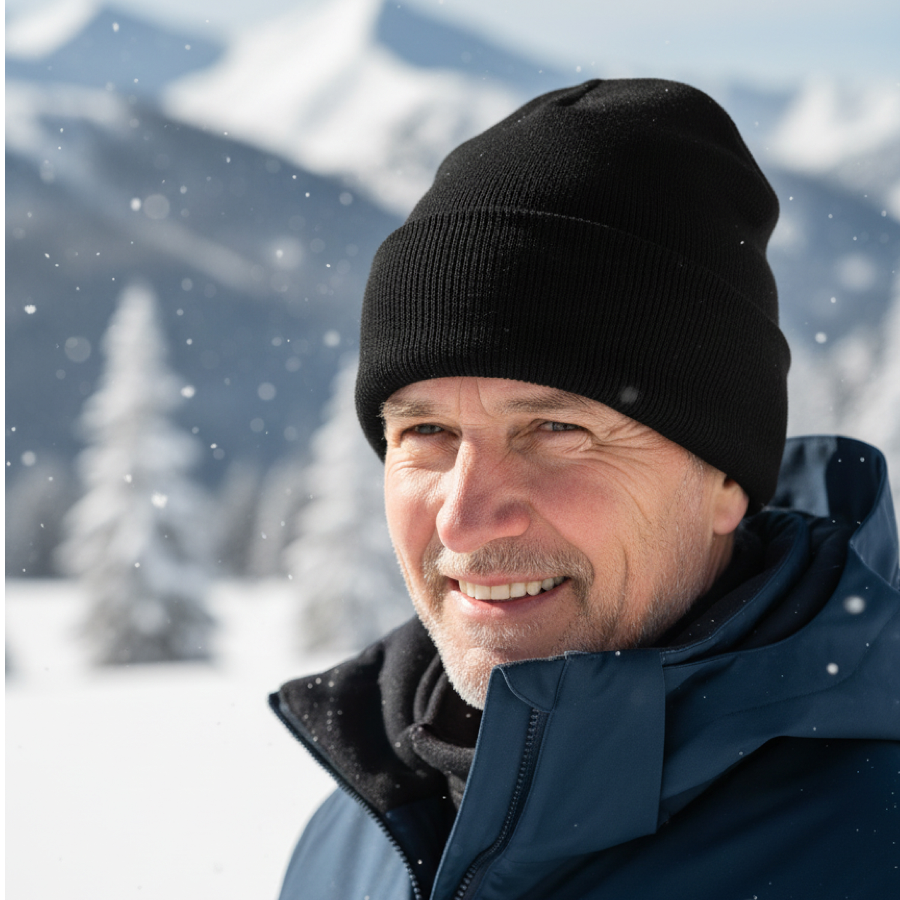 Mann mit schwarzer Mütze lächelt in schneebedeckter Berglandschaft. Er trägt eine blaue Jacke.