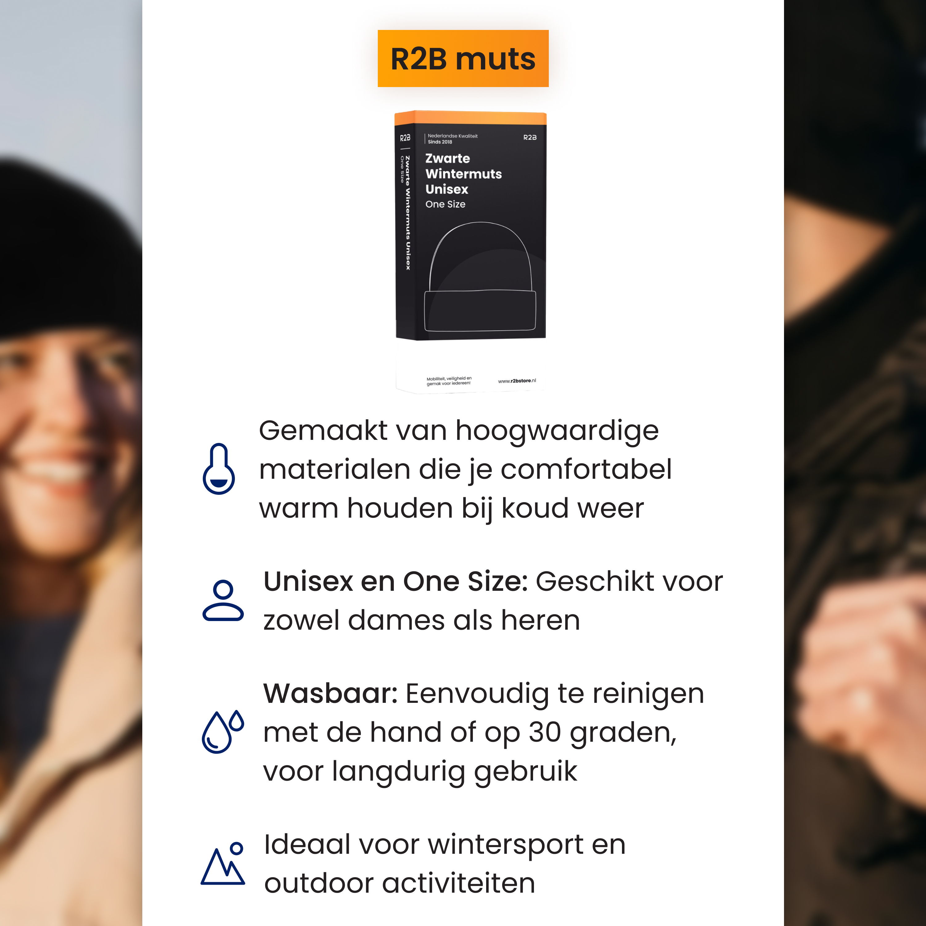 Das Bild zeigt eine Produktwerbung für eine schwarze Wintermütze mit niederländischem Text. Im Hintergrund ist eine Person zu sehen.