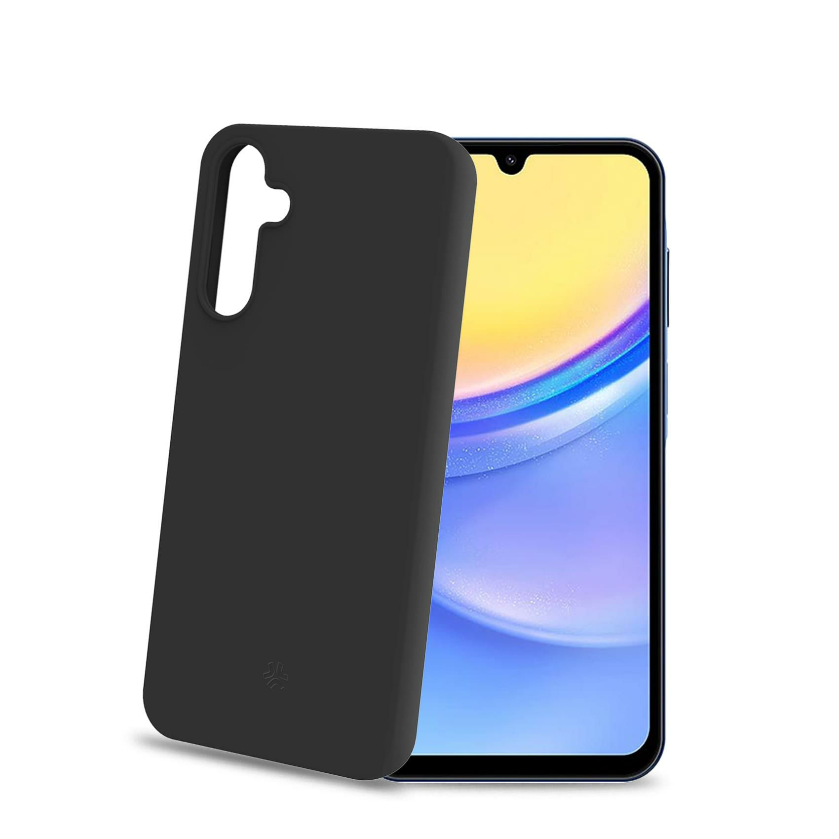 Custodia nera appoggiata a un telefono con schermo colorato. Sfondo bianco.