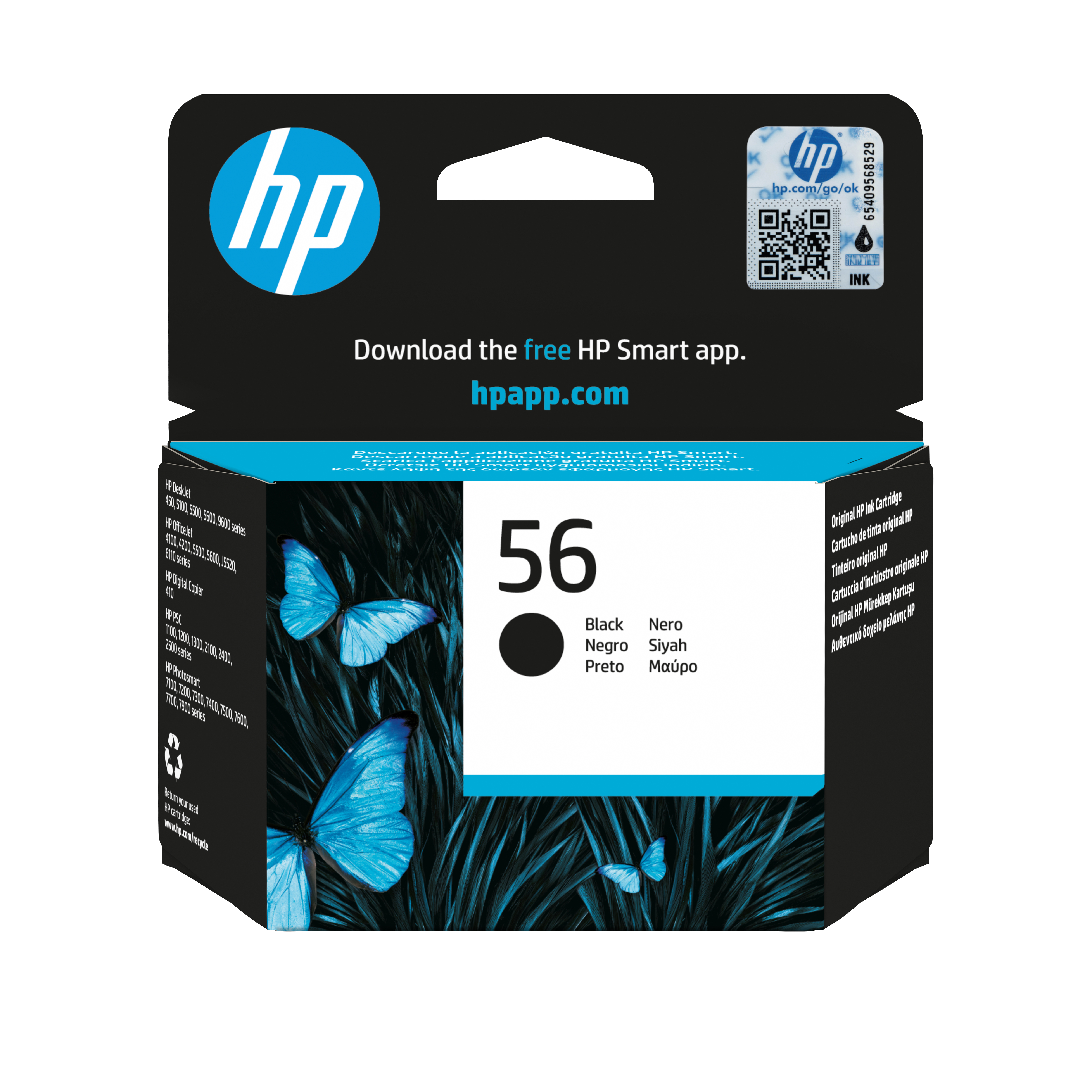 Una scatola di cartucce d'inchiostro HP. Ha il logo HP, il numero 56 e immagini di farfalle blu.