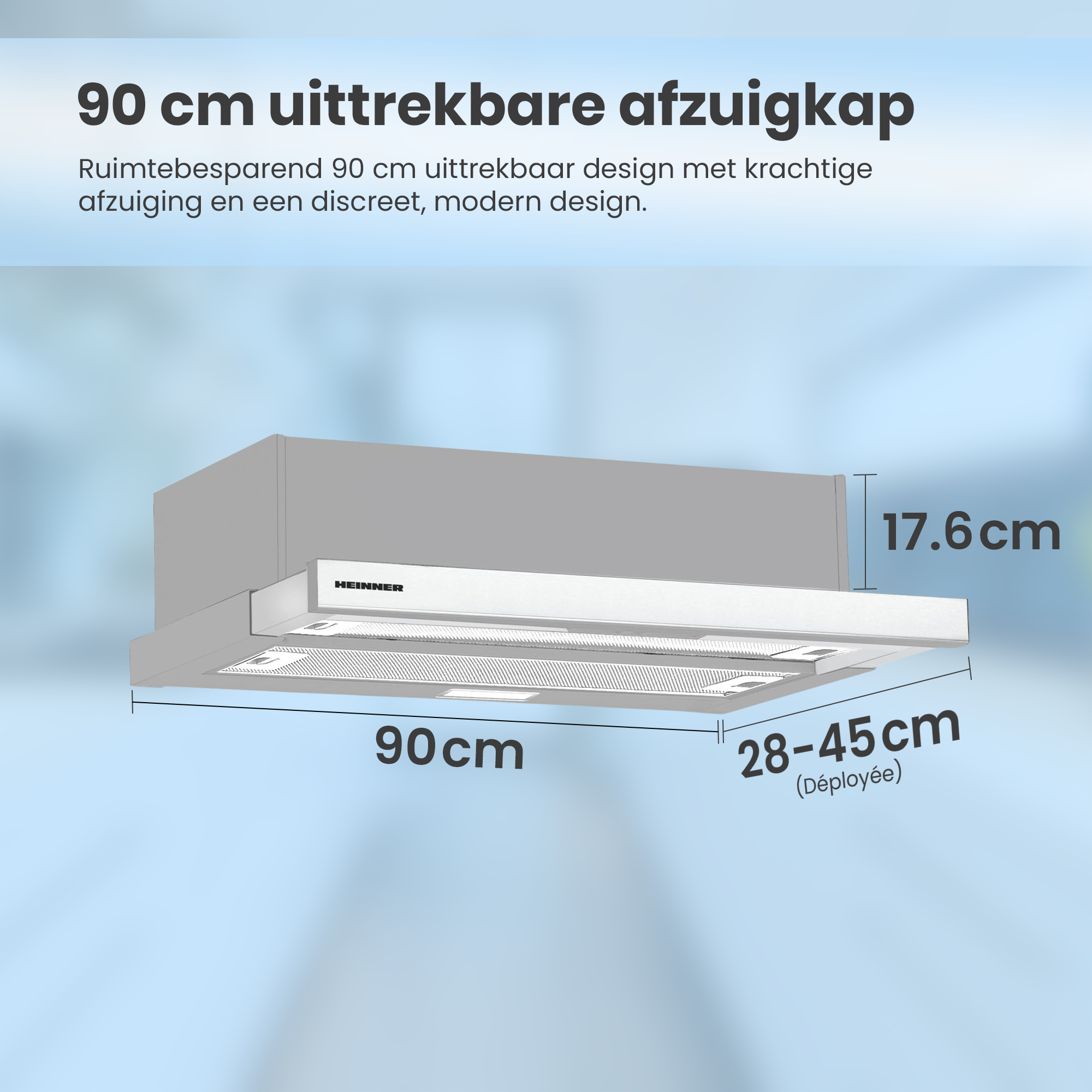 Eine weiße und graue Dunstabzugshaube mit Abmessungen in cm. Es hat den Markennamen HEINNER.