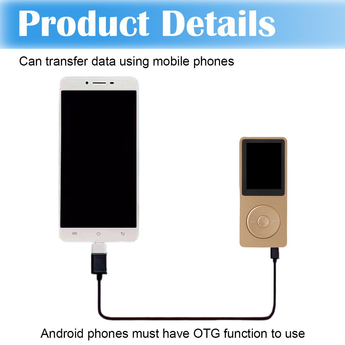 Das Bild zeigt ein Telefon und einen Musikplayer, die mit einem Kabel verbunden sind. Der Text lautet Datentransfer mit Mobiltelefonen.
