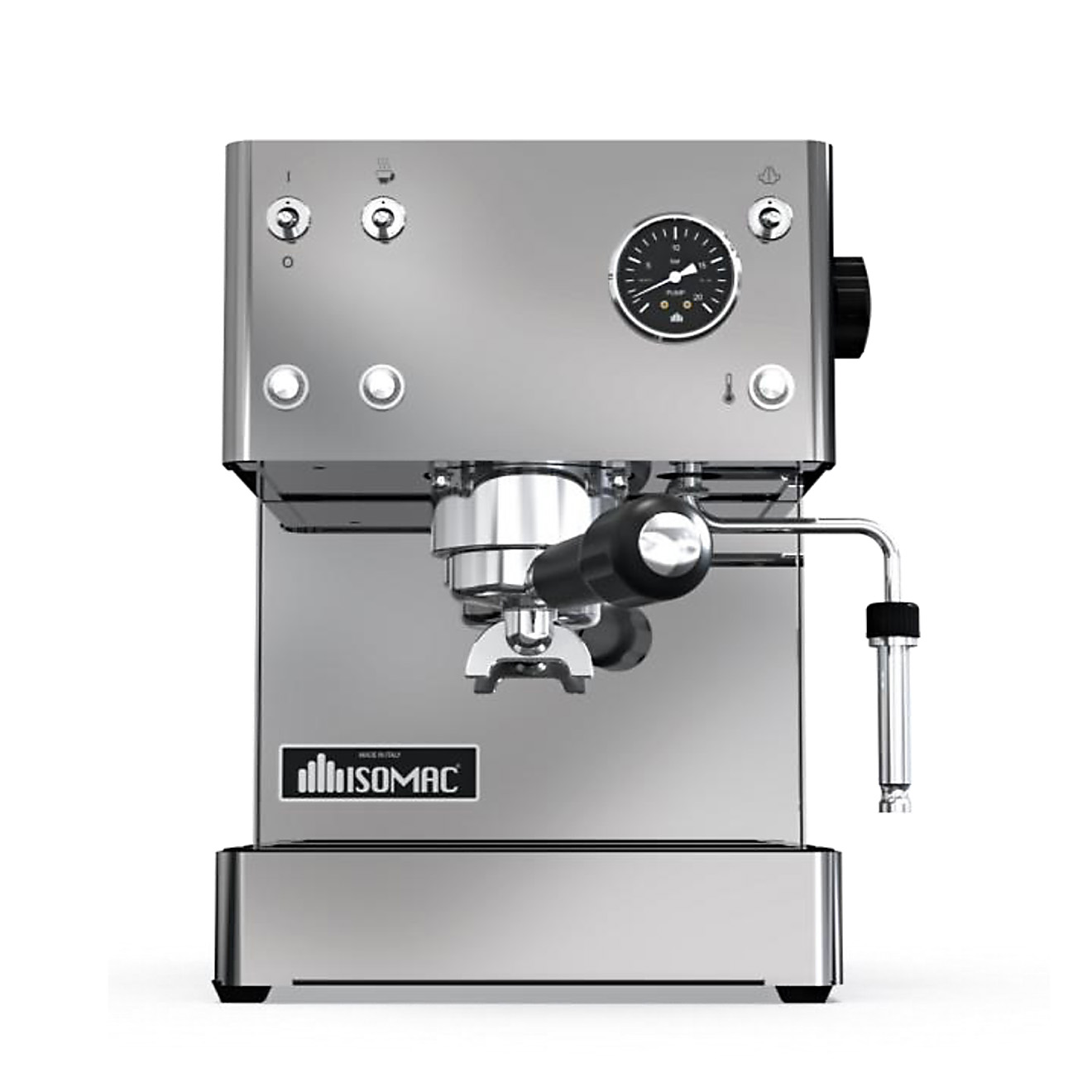 Eine Espresso-Maschine aus Edelstahl von ISOMAC. Sie hat ein Manometer, Knöpfe, einen Siebträger und eine Dampflanze. Die Maschine steht.