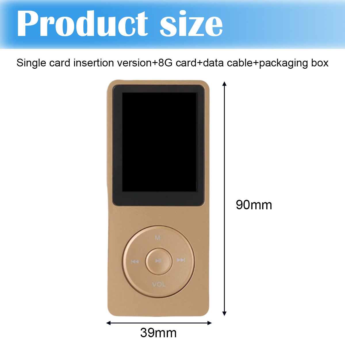 Goldener MP3-Player mit Bildschirm, Knöpfen und den Maßen 39 mm x 90 mm. Der Text oben lautet Produktgröße.