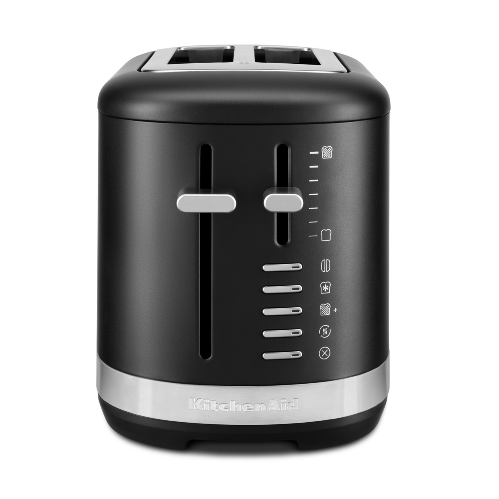 Schwarzer KitchenAid-Toaster mit silbernen Akzenten. Er hat zwei Schlitze für Brot und verschiedene Röststufen.
