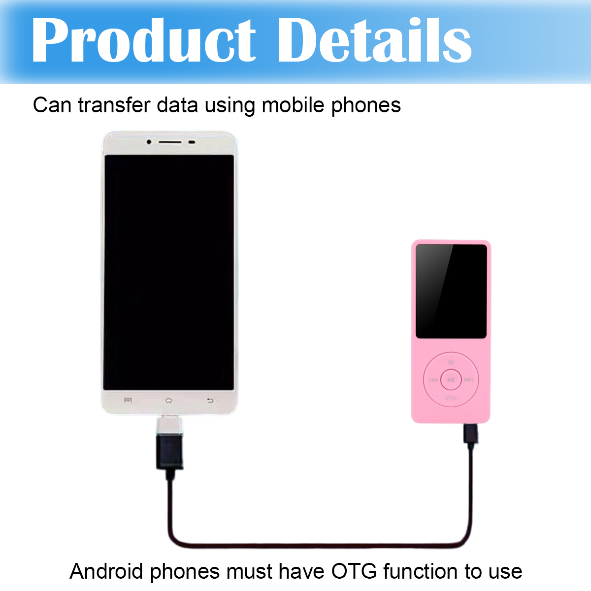 Das Bild zeigt ein Smartphone und einen pinkfarbenen Mediaplayer, die durch ein Kabel verbunden sind. Text sagt Datentransfer über Telefone.