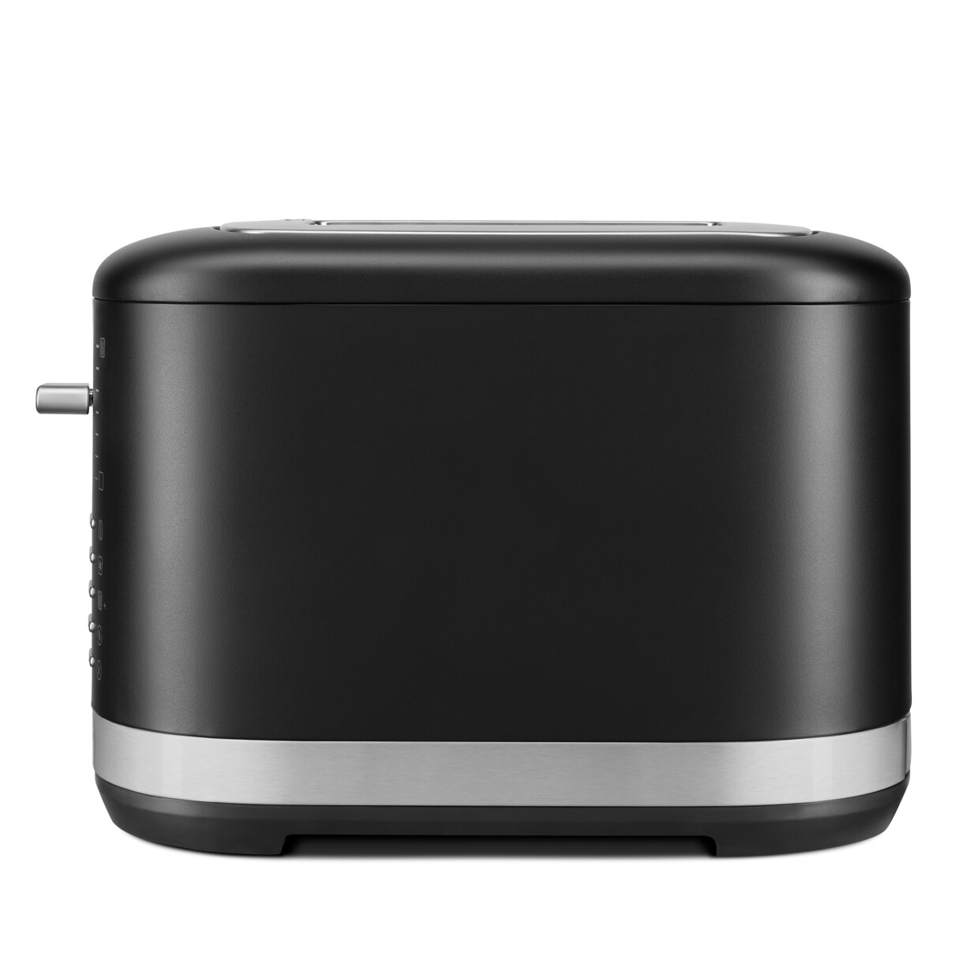 Schwarzer Toaster mit silberner Zierleiste und Hebel auf weißem Hintergrund. Er hat nummerierte Einstellungen.