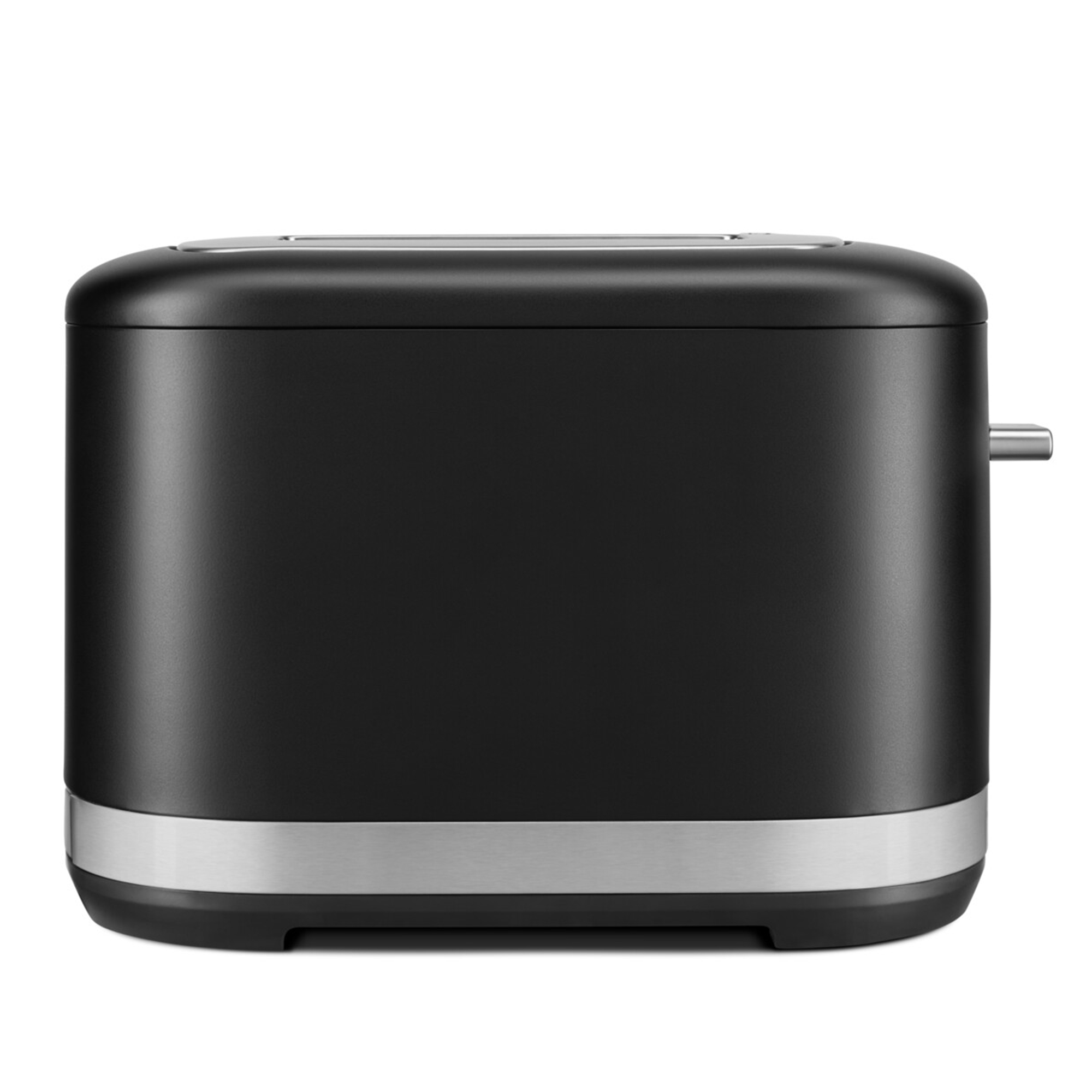 Ein schwarzer Toaster mit silbernem Streifen. Der Hintergrund ist weiß.