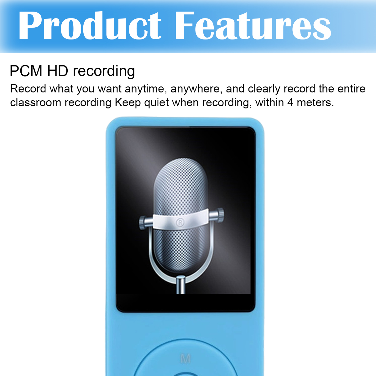 Blauer Audiorecorder mit Bildschirm, der ein Mikrofon zeigt. Oben steht Produktmerkmale, PCM-HD-Aufnahme.