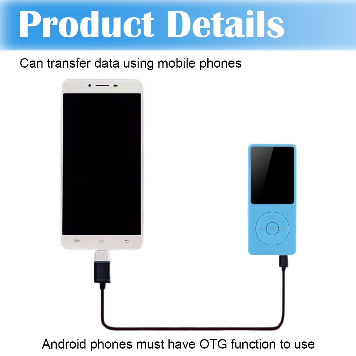 Ein Smartphone ist über ein schwarzes Kabel mit einem blauen MP3-Player verbunden. Text: Produktdetails und Kann Daten mit Mobiltelefonen übertragen.
