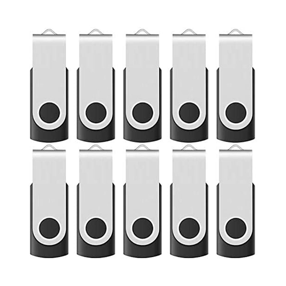 Zehn USB-Sticks sind in zwei Reihen zu je fünf angeordnet. Jeder hat eine silberne Oberseite und einen schwarzen Körper mit einem Loch.