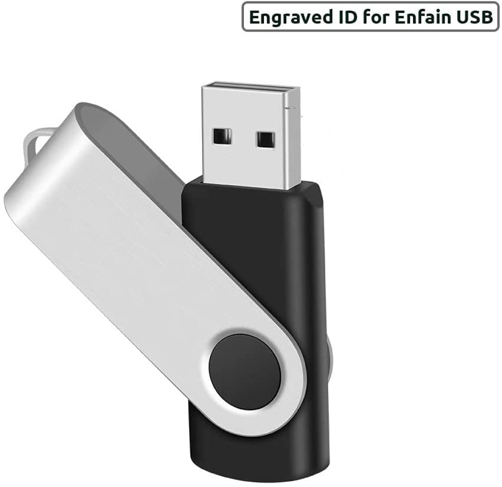 Ein USB-Stick mit silbernem und schwarzem Design. Er hat eine drehbare Abdeckung und eine Metallschlaufe zur Befestigung.