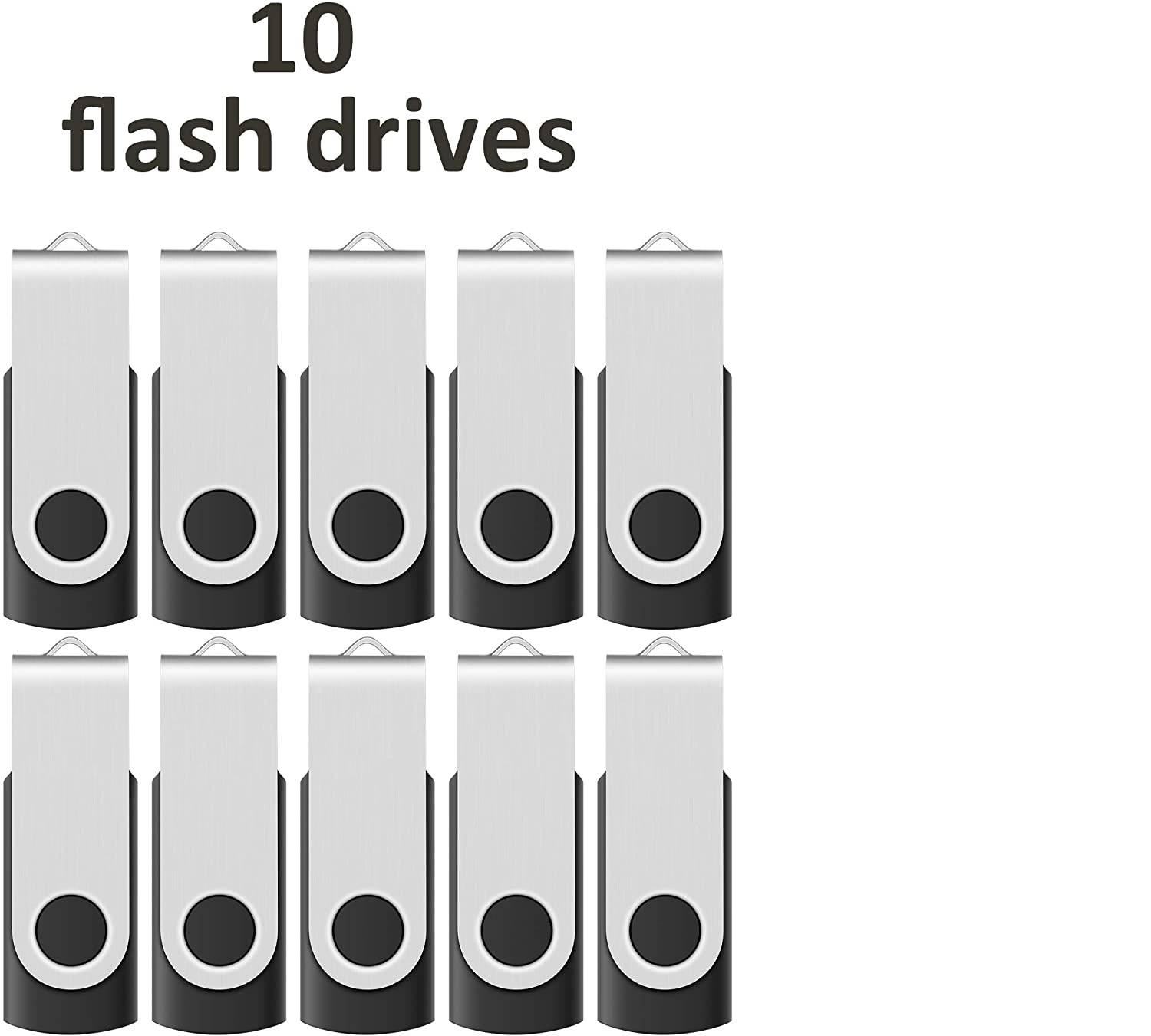 Zehn USB-Sticks werden angezeigt. Sie sind silber und schwarz, angeordnet in zwei Reihen zu je fünf Stück. Der Text '10 USB-Sticks' steht darüber.