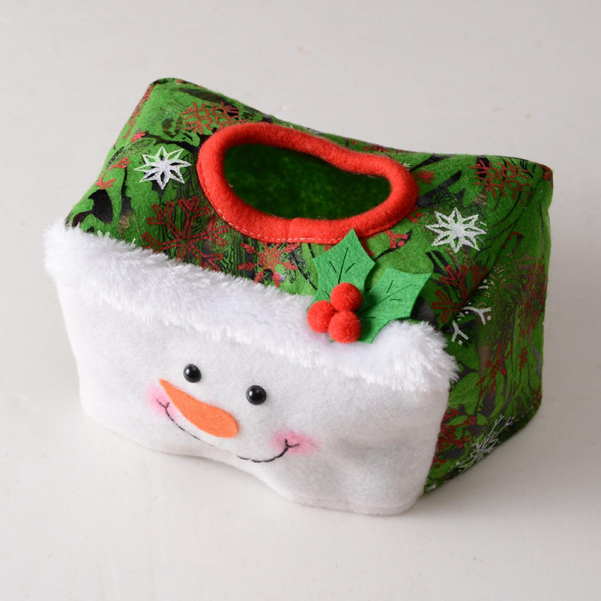 Eine Schneemann-Taschentuchbox-Hülle. Sie hat eine grün gemusterte Oberseite, ein Schneemann-Gesicht und eine rot umrandete Öffnung.
