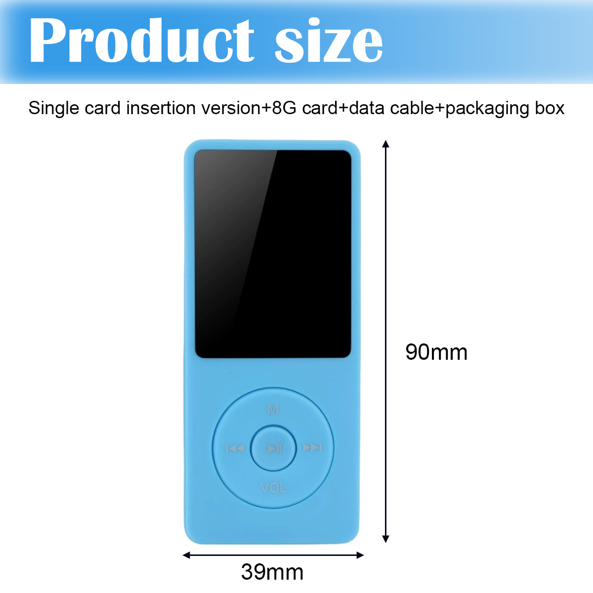 Blauer MP3-Player mit schwarzem Bildschirm und Bedientasten. Maße: 90 mm x 39 mm. Text oben: Produktgröße.