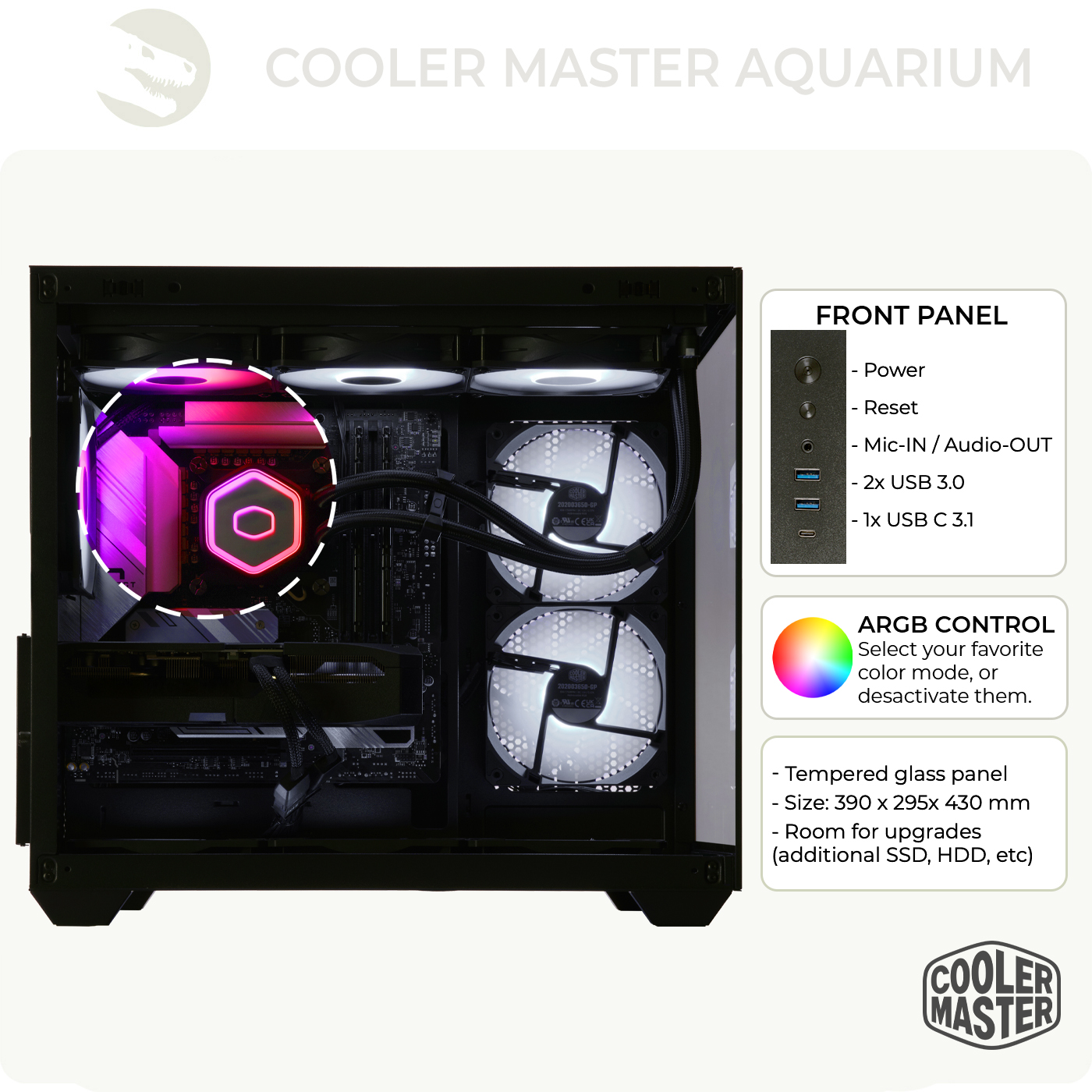 Obudowa komputera z podświetlonymi na kolorowo podzespołami. Panel przedni z zasilaniem, portami USB i audio. Tekst: Cooler Master.