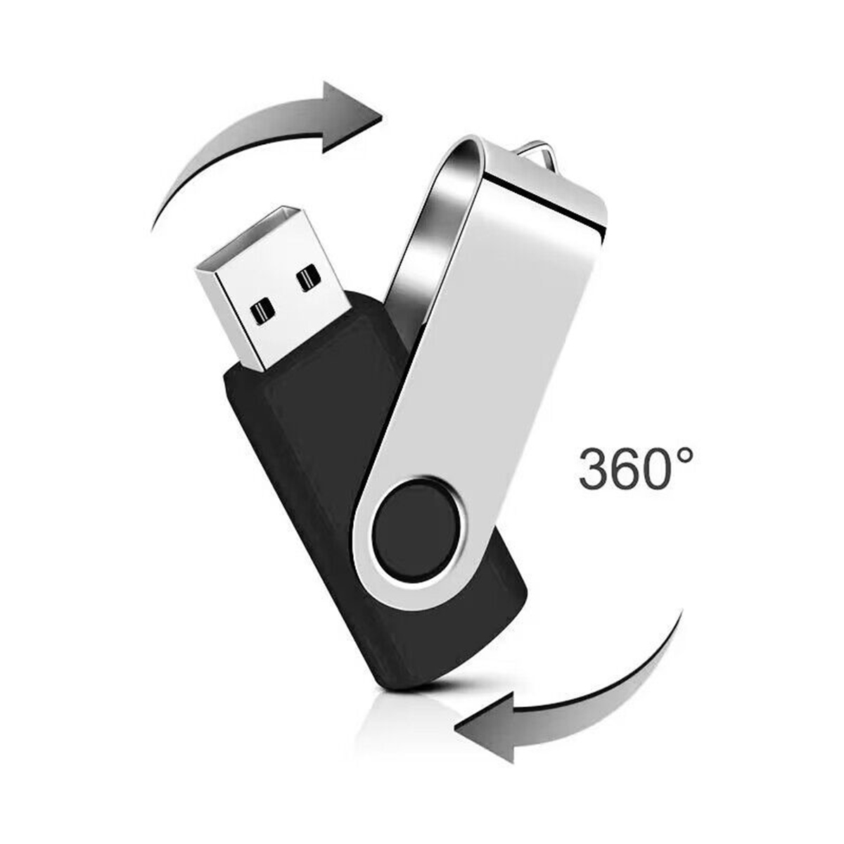 Ein USB-Stick mit schwarzem Gehäuse und silberner Drehhaube. Pfeile zeigen eine 360-Grad-Drehung an. Der Hintergrund ist weiß.