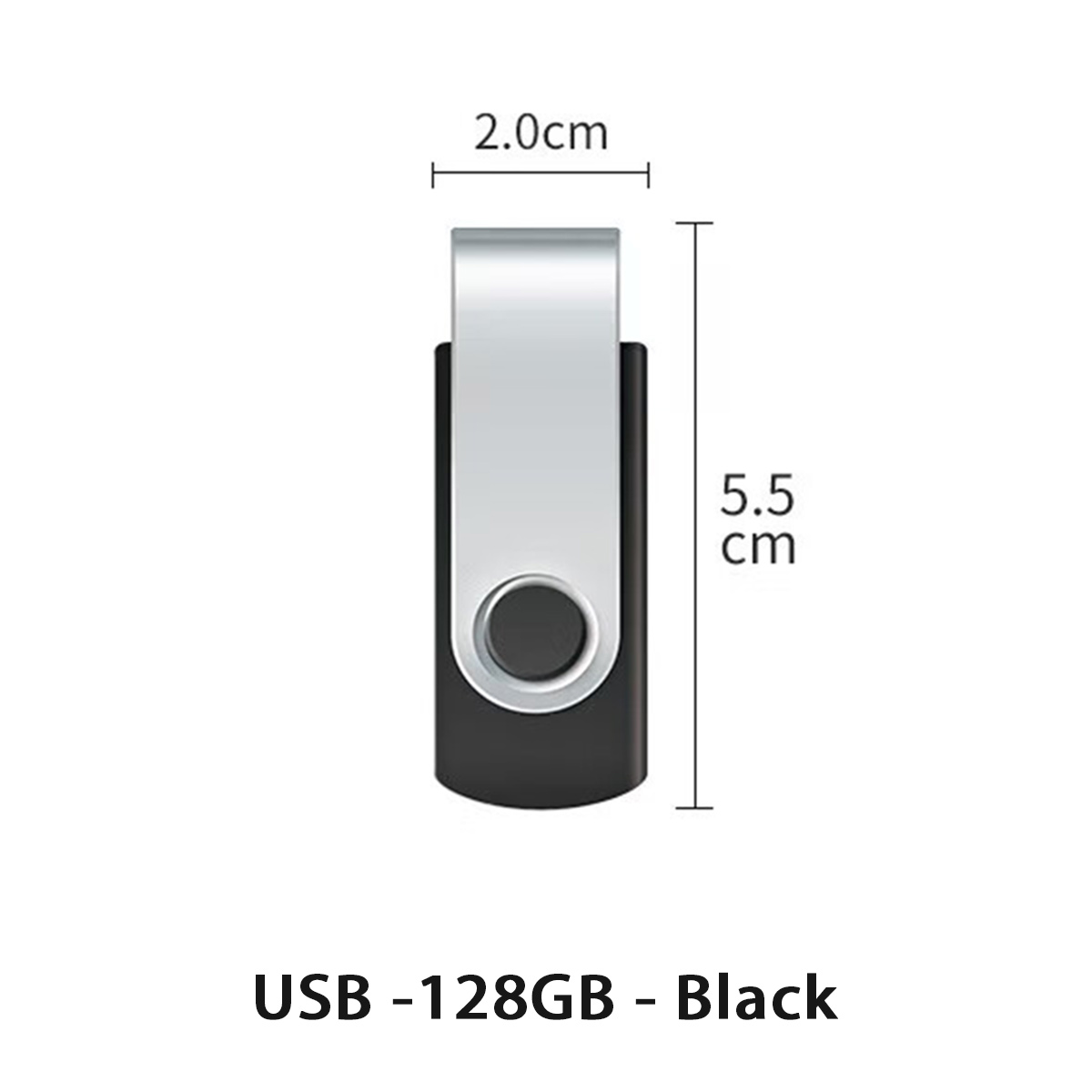 Ein schwarzer und silberner USB-Stick. Er ist 5,5 cm lang und 2,0 cm breit. Der Text unten lautet: USB -128GB - Schwarz.
