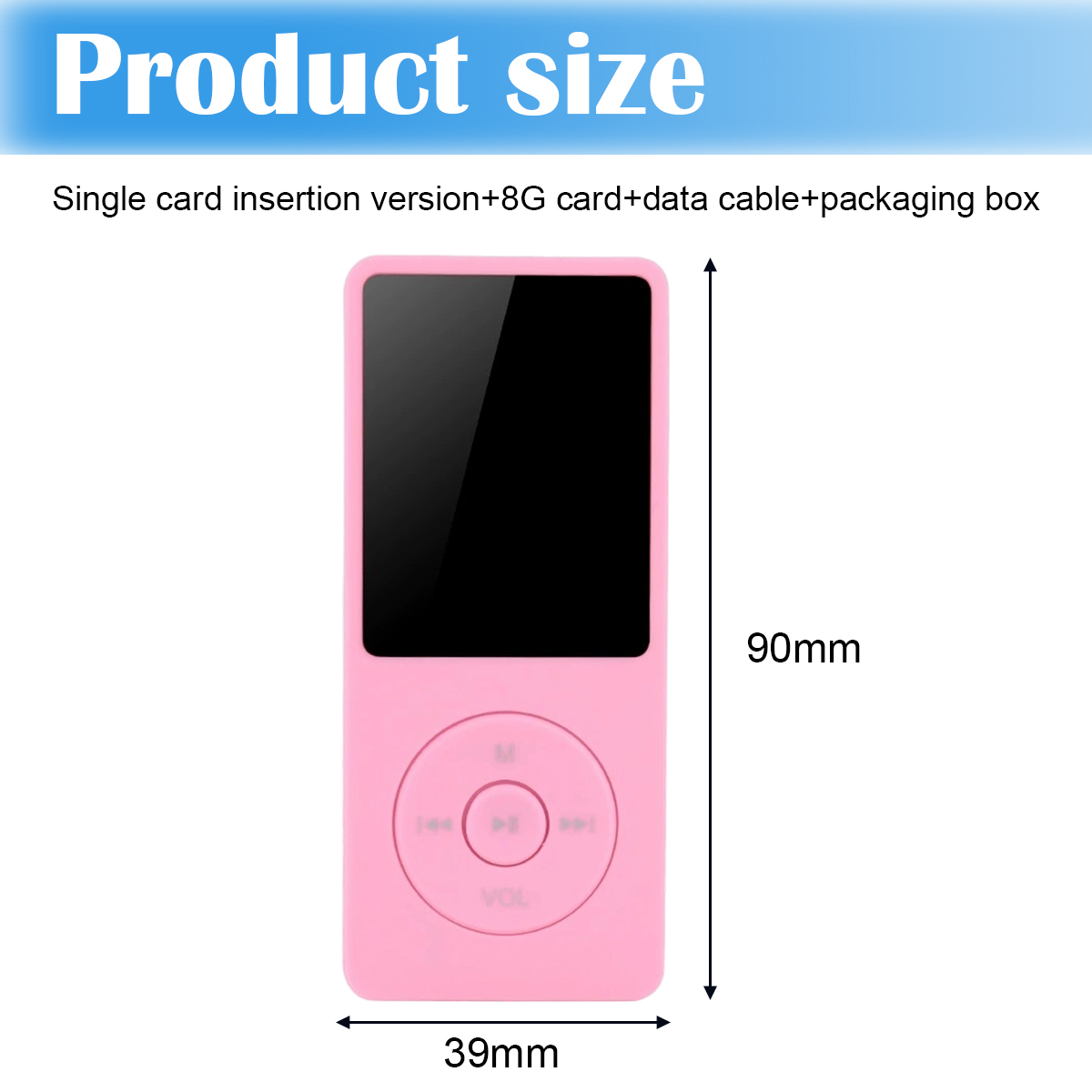 Rosa MP3-Player, Bildschirm aus, mit Knöpfen. Maße: 90 mm hoch, 39 mm breit. Text: Produktgröße, Beschreibung des Produkts.