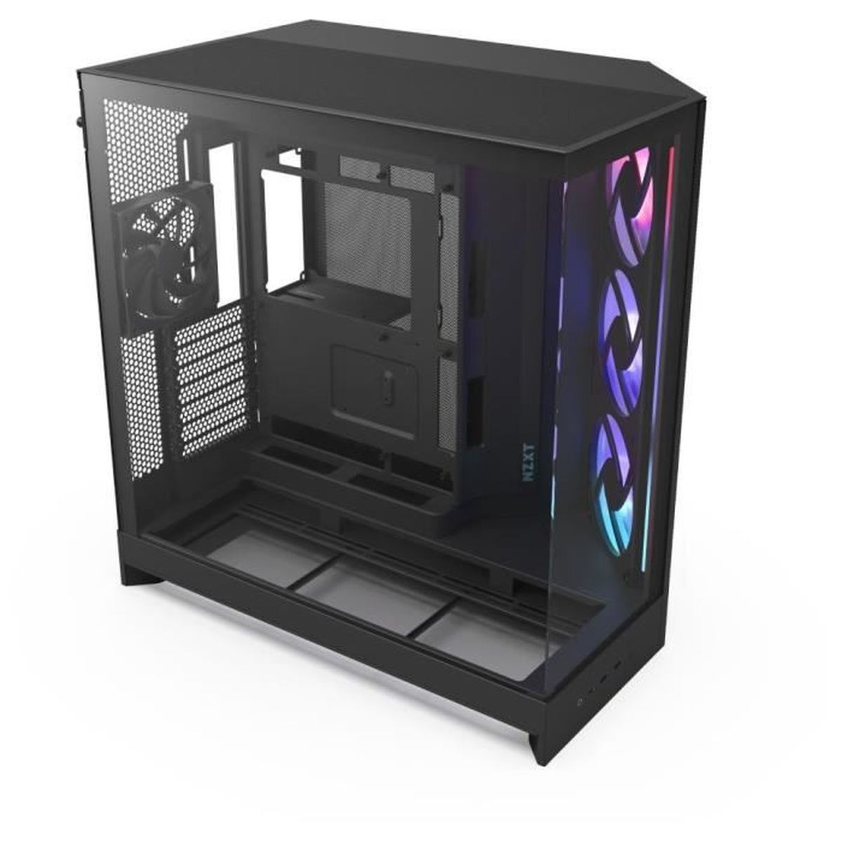 Caja de ordenador NZXT negra con panel lateral de cristal, mostrando componentes internos. Los ventiladores frontales tienen iluminación RGB. Paneles de malla y sólidos visibles.