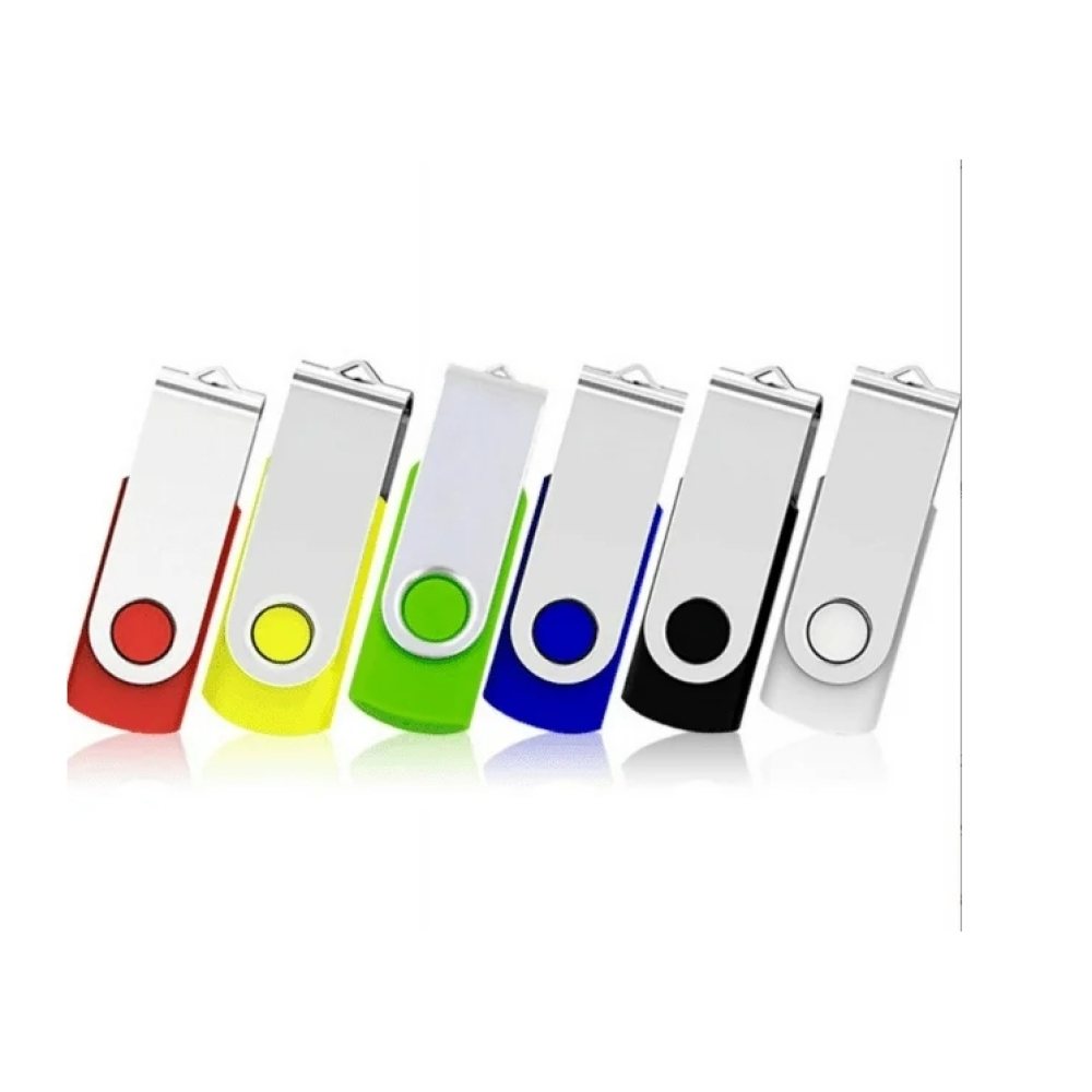 Sechs USB-Sticks in einer Reihe, jeder mit einer andersfarbigen Kappe: rot, gelb, grün, blau, schwarz und weiß. Alles auf weißem Hintergrund.