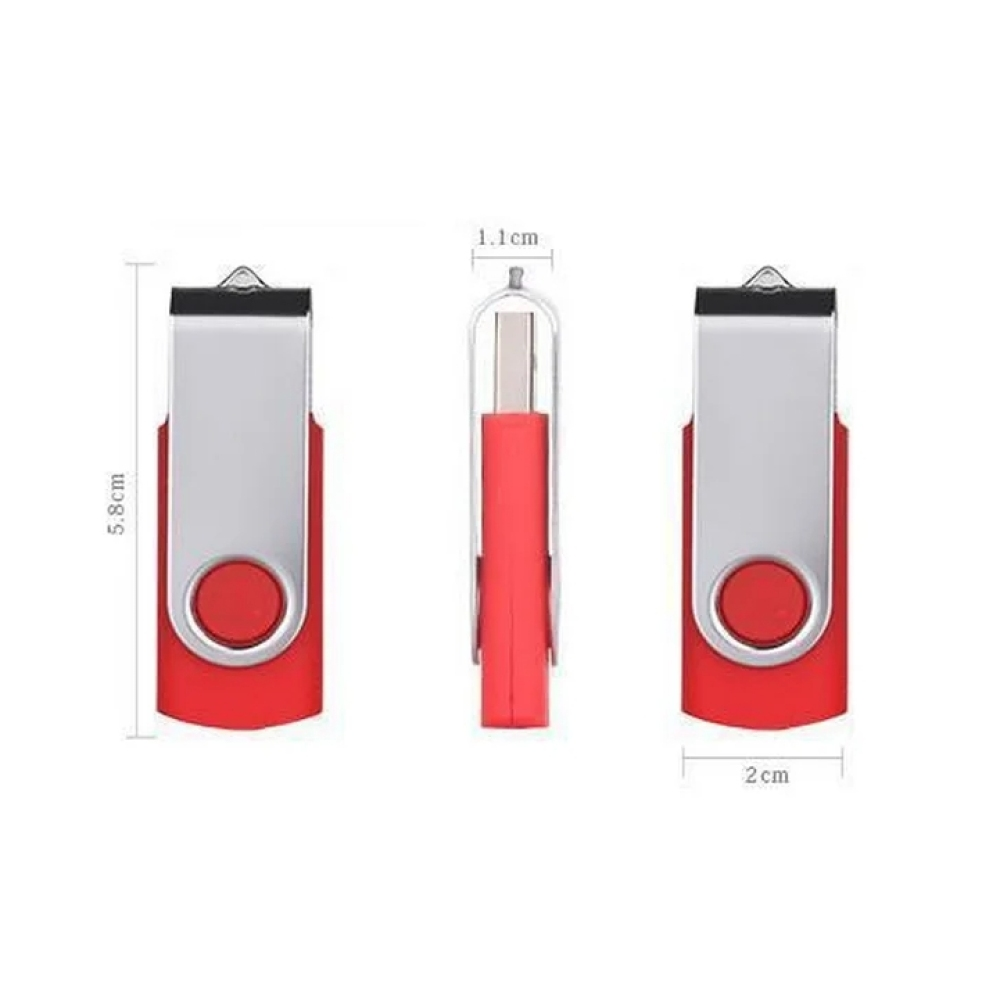 Drei rote USB-Sticks mit Abmessungen werden angezeigt. Jeder Stick hat eine silberne Oberseite und einen roten Körper mit einem roten Kreis.