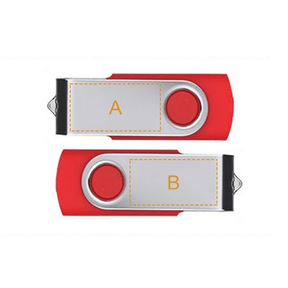 Zwei rote und silberne USB-Sticks werden gezeigt. Jeder hat einen roten Körper, eine silberne Mitte und ein Drehdesign.