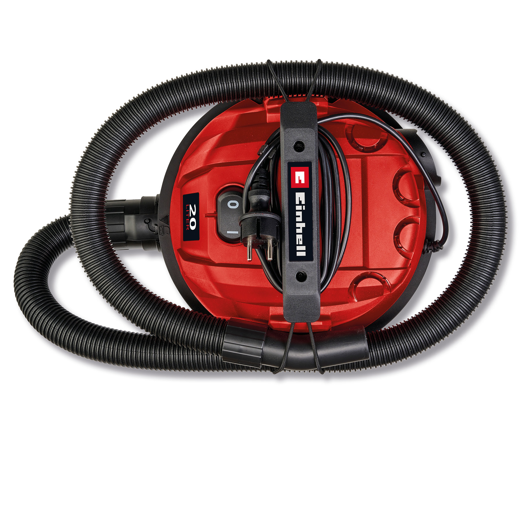 Aspirapolvere Einhell rosso e nero. Il tubo nero circonda il corpo. Cavo di alimentazione e interruttore visibili.